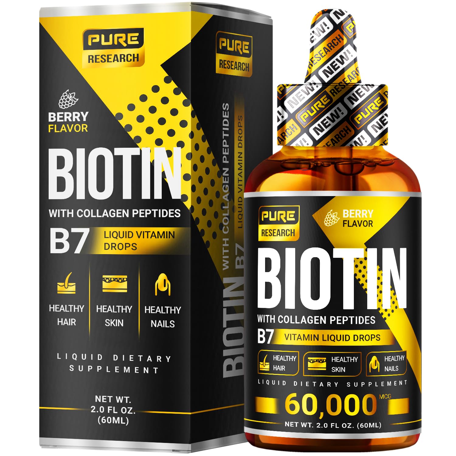Liquid Biotin & Collagen Drops 60,000mcg – Hair, Skin & Nails Support – 2oz