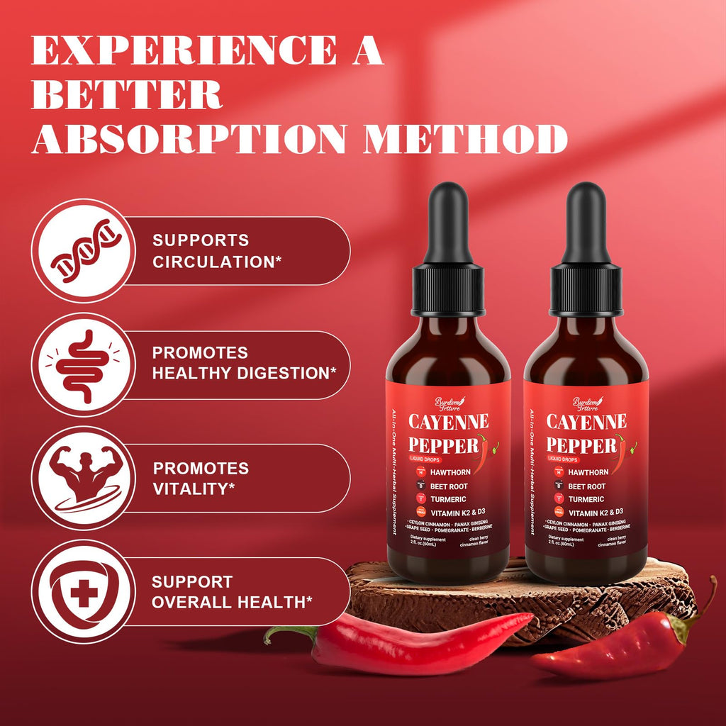 Premium Cayenne Pepper Drops Supplement with Hawthorn, Beet Root, Turmeric, Vitamin K2 & D3, Ginseng, Ceylon Cinnamon – Capsaicin Supplements for Wellness Support - 4 OZ