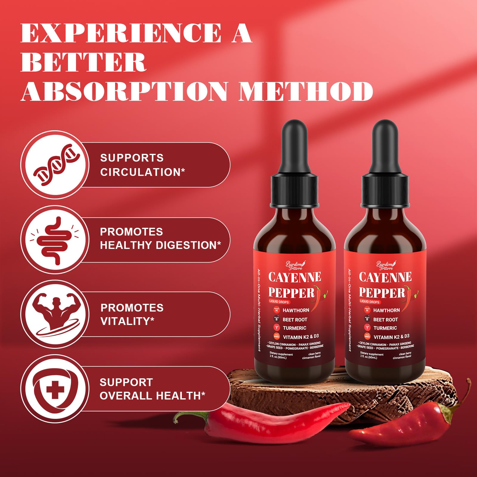 Premium Cayenne Pepper Drops Supplement with Hawthorn, Beet Root, Turmeric, Vitamin K2 & D3, Ginseng, Ceylon Cinnamon – Capsaicin Supplements for Wellness Support - 4 OZ