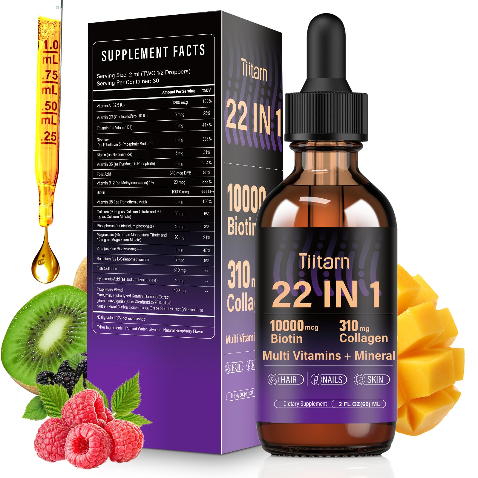 Liquid Collagen, Biotin & Hyaluronic Acid – Hair Growth Vitamins & Minerals (60ml) | Hair, Skin & Nails Support