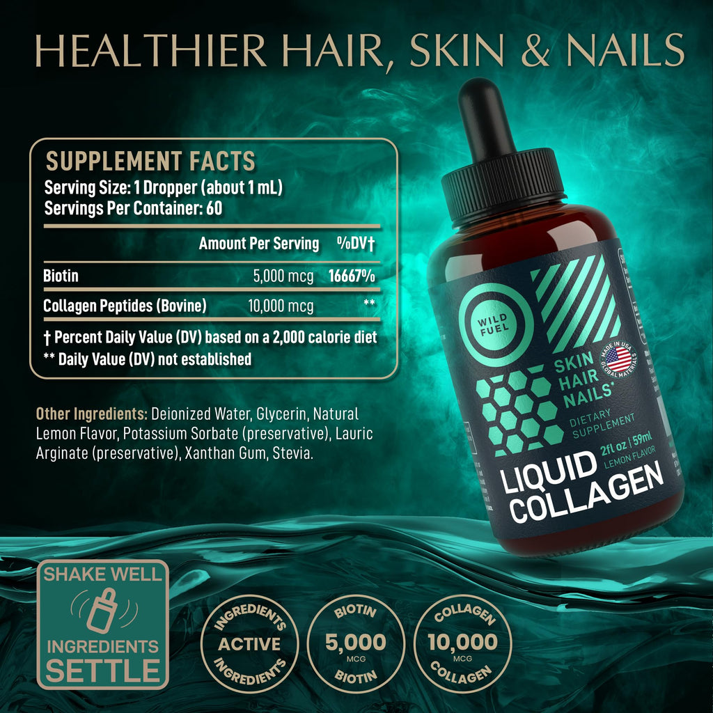 Wild Fuel Liquid Collagen Drops with Biotin – 30,000mcg Collagen, Lemon Flavor, 2x2oz