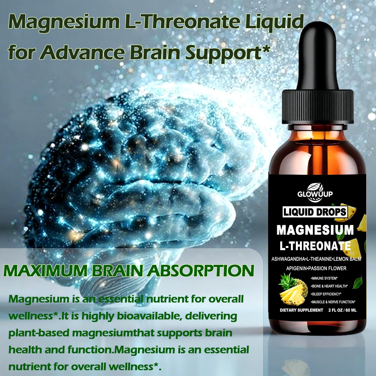 Magnesium L-Threonate Liquid Drops 1000 mg – Sleep, Memory & Brain Support | Fast Absorption