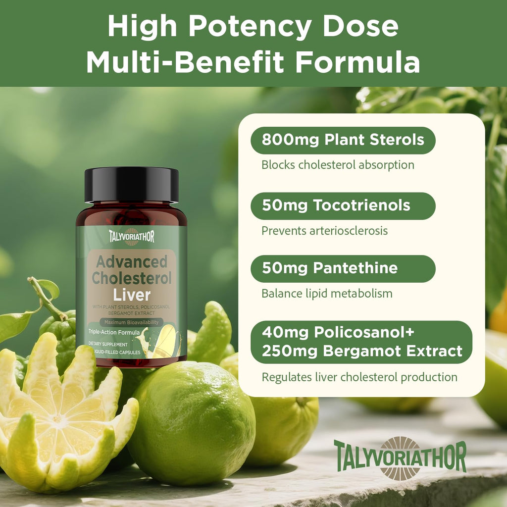 Advanced Cholesterol Lowering Supplements & for High Cholesterol | Liquid-Filled Capsules for Maximum Absorption | Plant Sterols, Policosanol, Bergamot Extract | Triple-Action Formula,90 Capsules