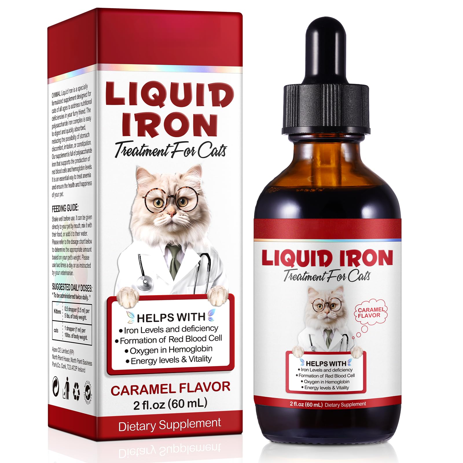 Liquid Iron Drops for Cats - Supports Anemia, Energy & Vitality (Caramel Flavor) 2 fl oz