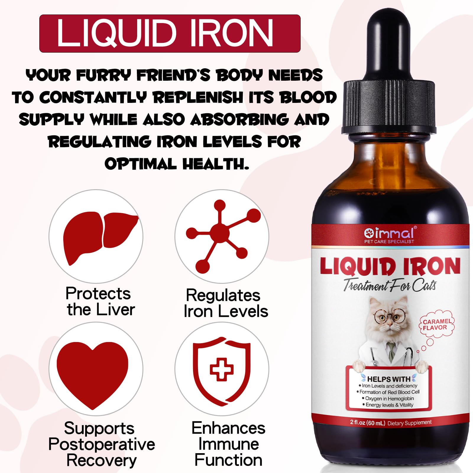 Liquid Iron Drops for Cats - Supports Anemia, Energy & Vitality (Caramel Flavor) 2 fl oz