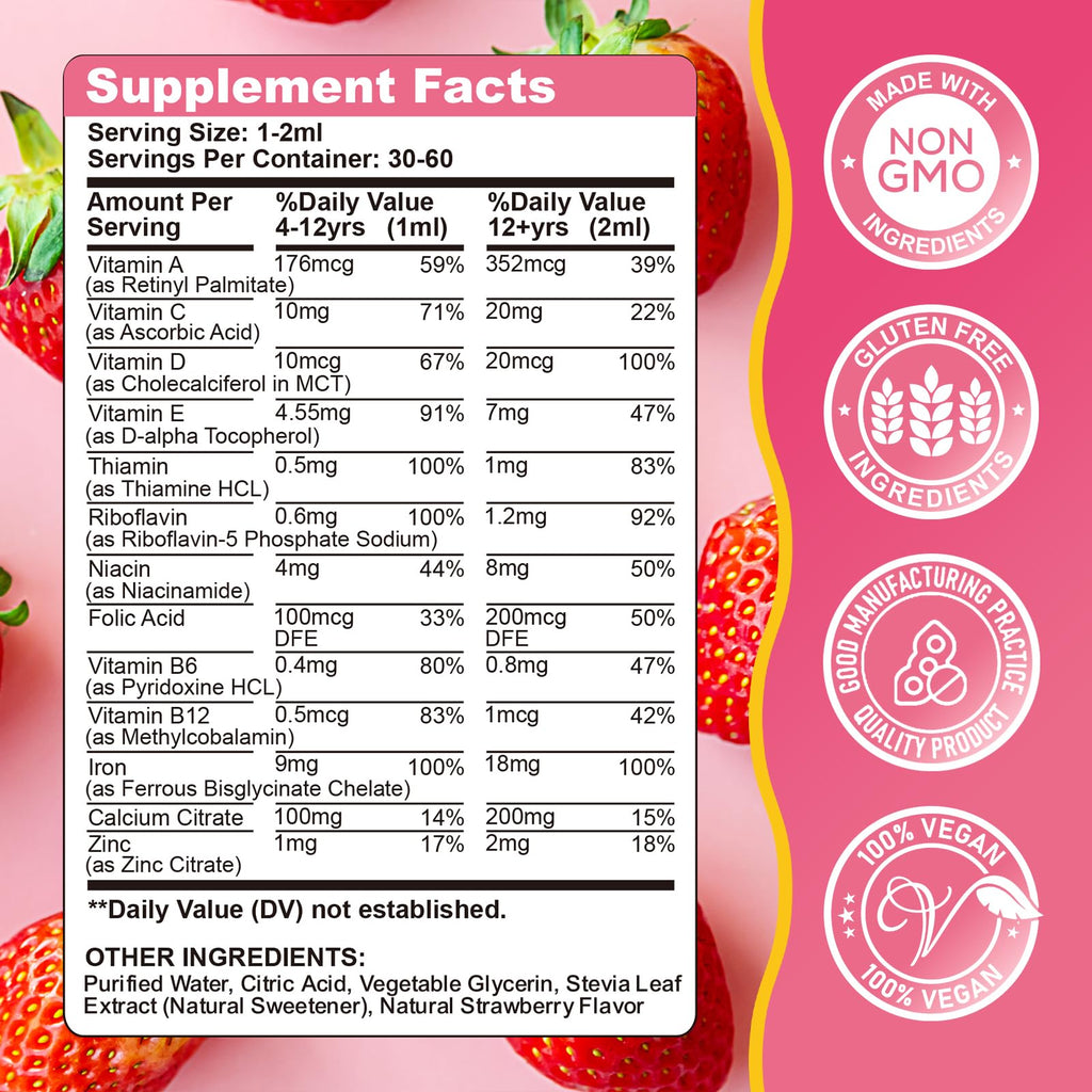 Liquid Iron Supplement for Kids, Women & Men – 2 oz, Calcium & Zinc