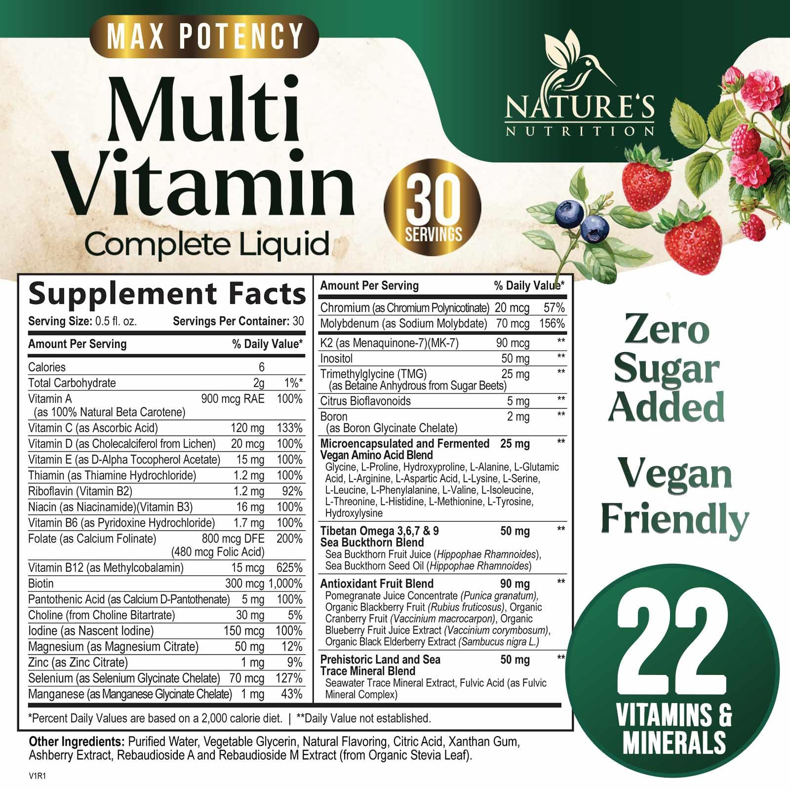 Liquid Multivitamin Berry Flavor - Sugar Free Daily Vitamin for Women, Men & Kids | Vegan, Non-GMO, 15 oz