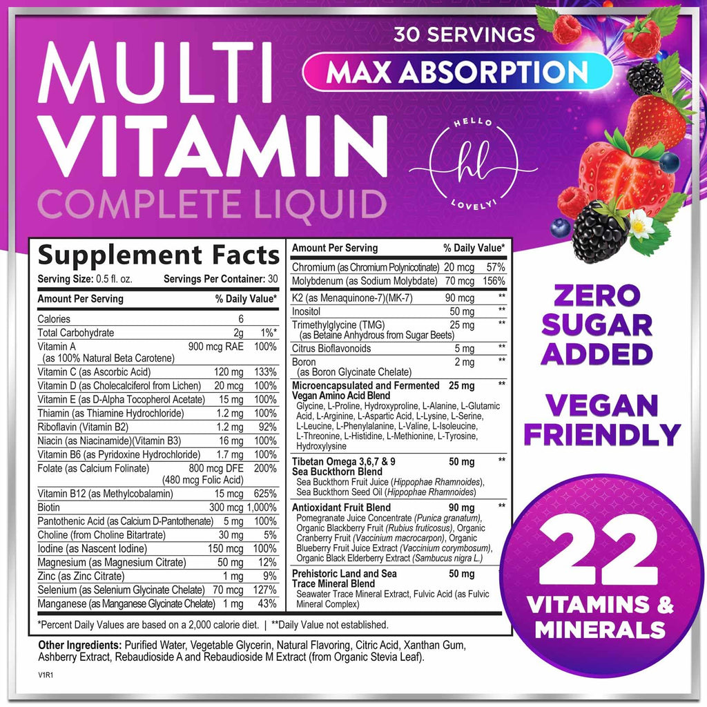 Liquid Multivitamin Sugar Free Berry 15 oz – Vegan, Non-GMO Daily Multivitamin
