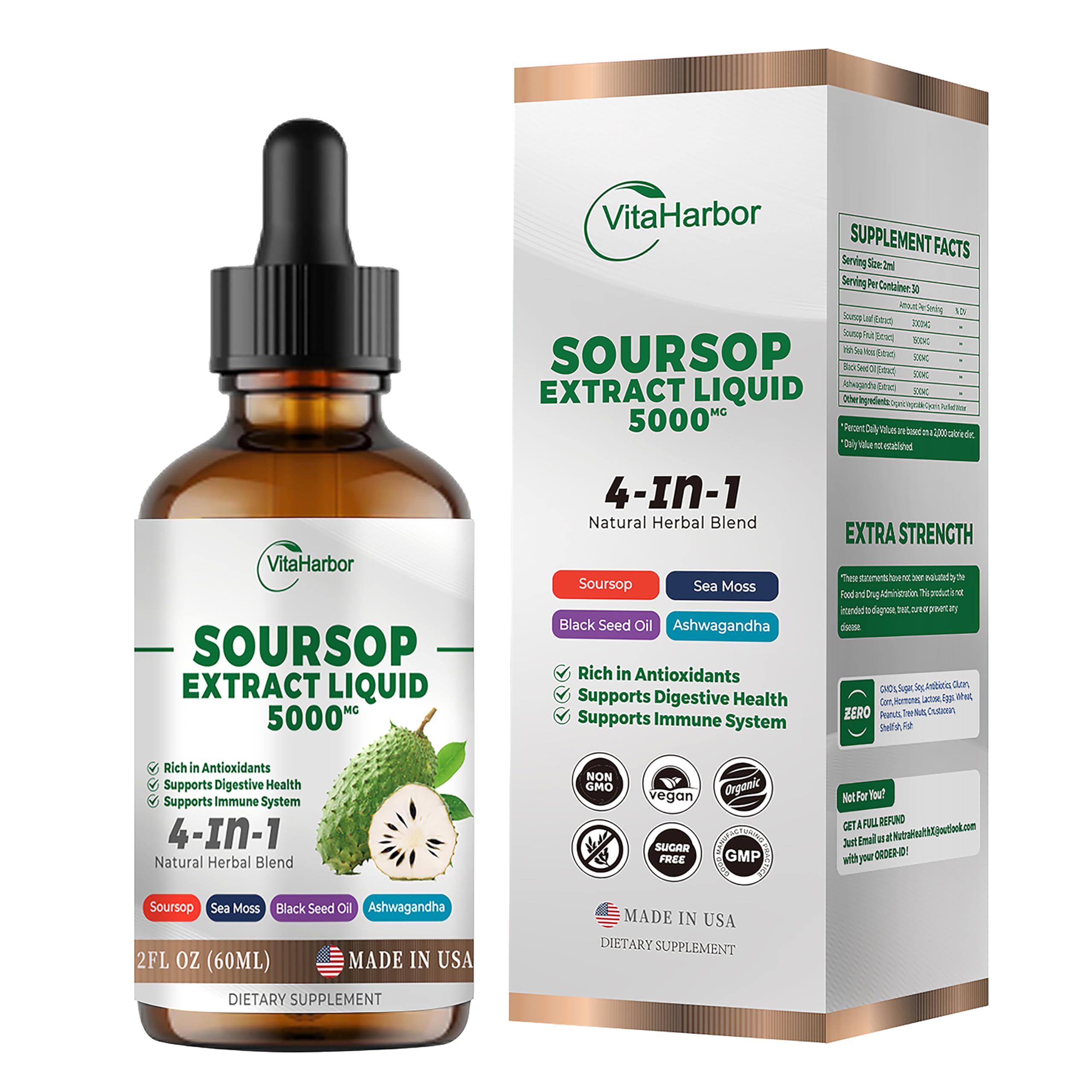 4-in-1 Soursop Bitters Liquid – Sea Moss, Black Seed Oil & Ashwagandha for Immune & Digestive Support (2 oz) | Sugar-Free, Non-GMO, Vegan
