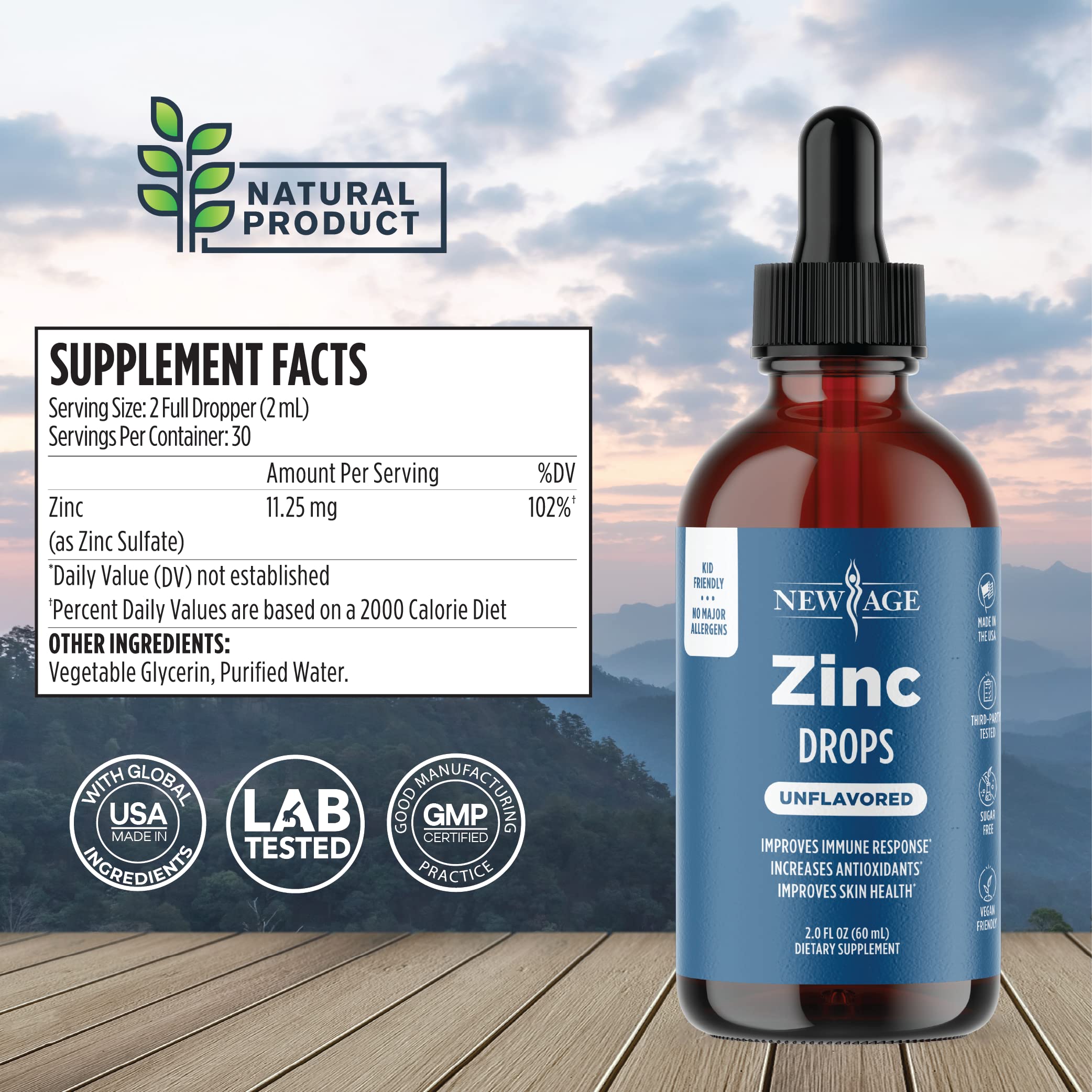Liquid Zinc Drops for All Ages by NEW AGE – Immune Support, Vegan, Non-GMO | 60 Day Supply, 2-Pack