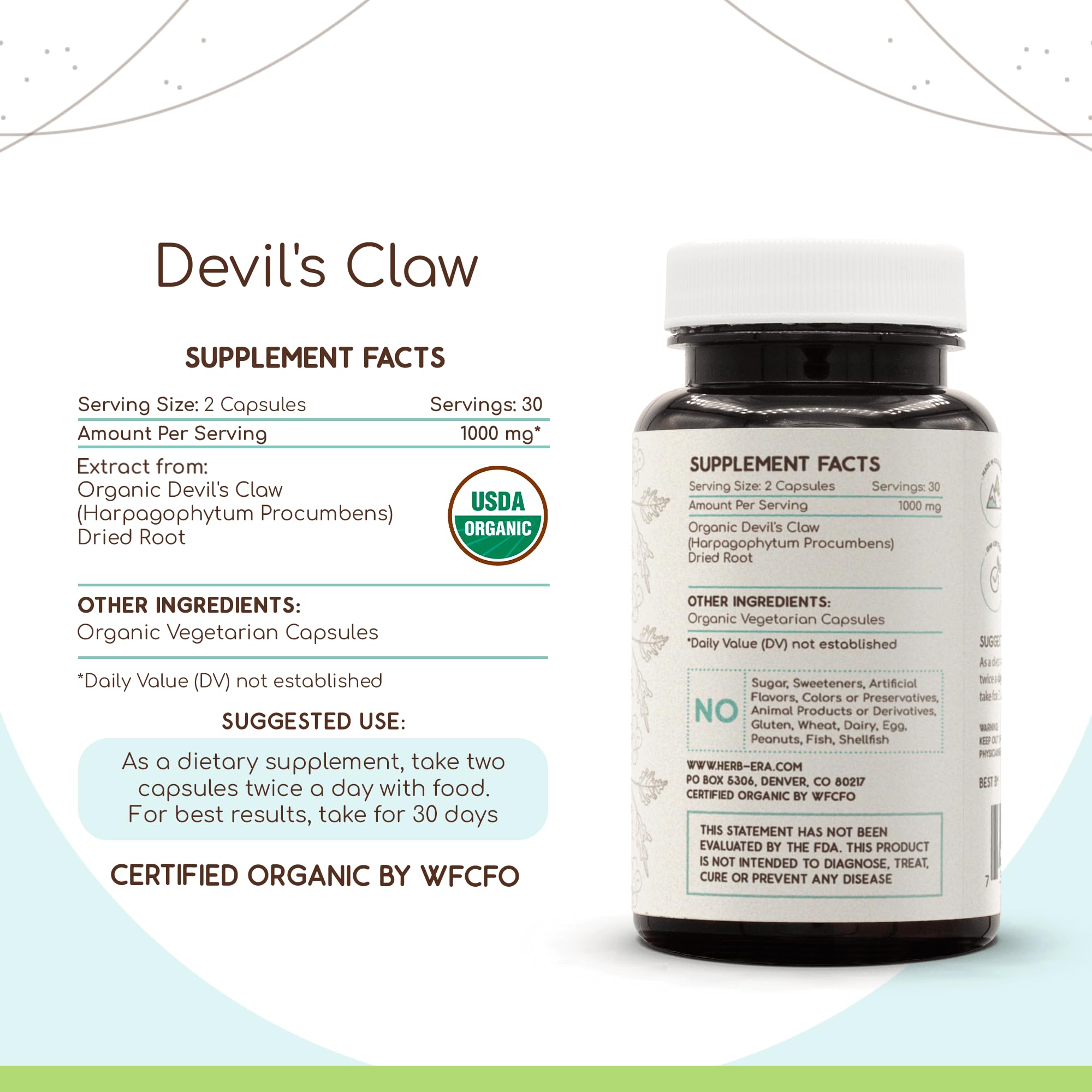 Devil's Claw USDA Organic 60 Capsules | Natural Herbal Supplement | Certified Organic Vegetarian Capsules and Organic Devil's Claw (Harpagophytum procumbens) Dried Root (60 Capsules)