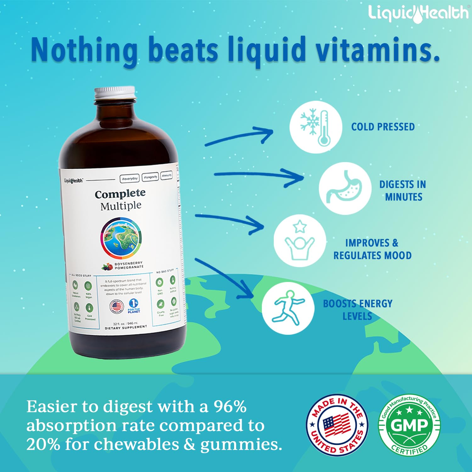 LIQUIDHEALTH Complete Multivitamin for Adults – USA Made, Vegan, Sugar-Free (32 oz)
