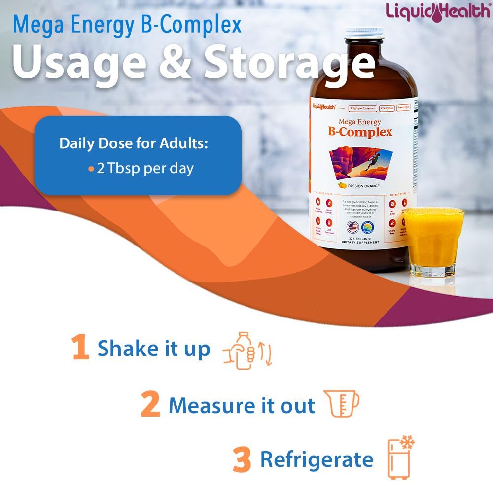 LIQUIDHEALTH Mega Energy B-Complex – Liquid Vitamin for Energy, Immune Support & Heart Health | Made in USA | Vegan