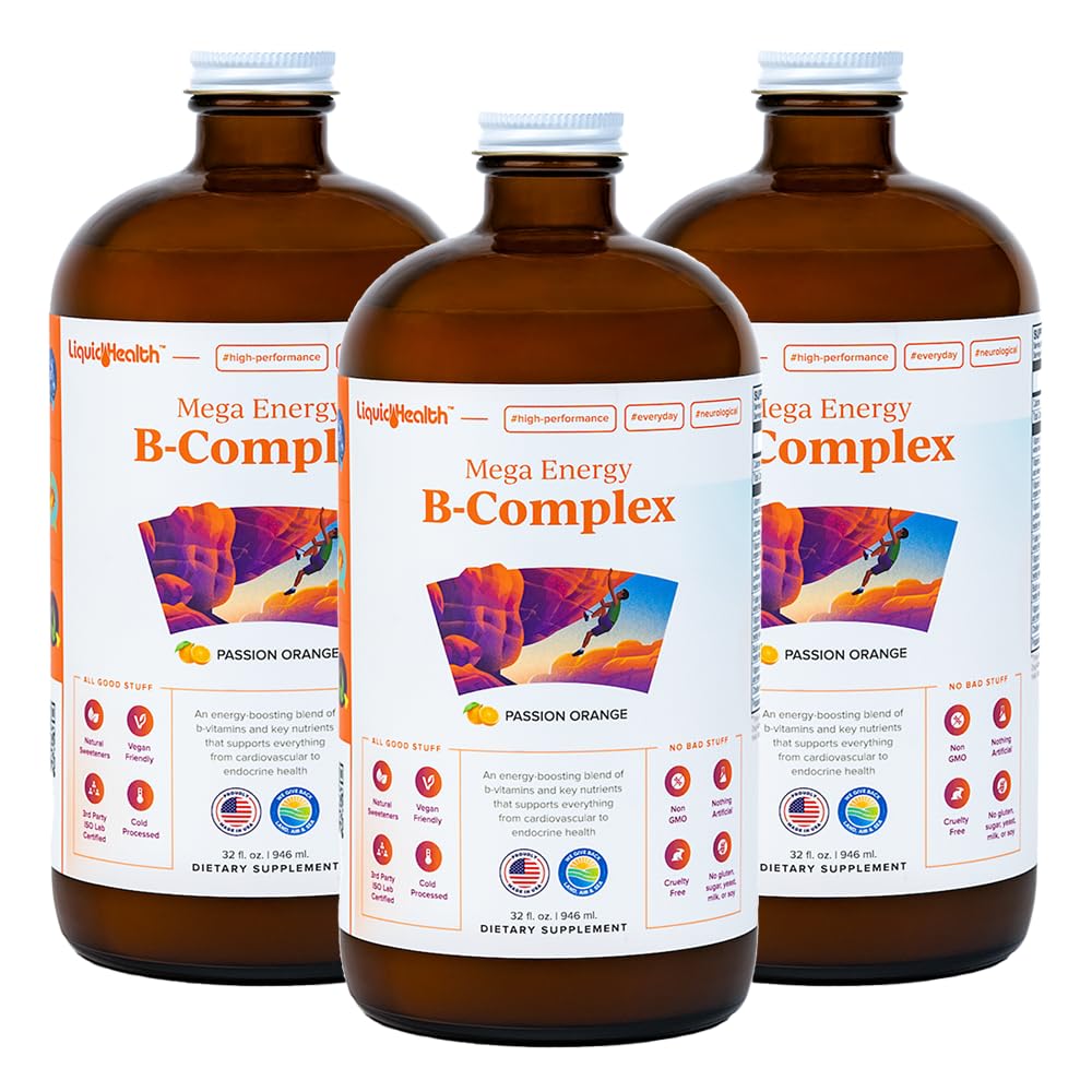 LIQUIDHEALTH Mega Energy B-Complex – Liquid Vitamin for Natural Energy, Immune Support, and Vitality (3 Pack) – Made in USA, Vegan, Sugar-Free