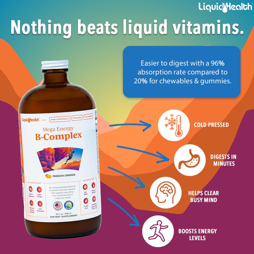 LIQUIDHEALTH Mega Energy B-Complex – Liquid Vitamin for Natural Energy, Immune Support, and Vitality (3 Pack) – Made in USA, Vegan, Sugar-Free