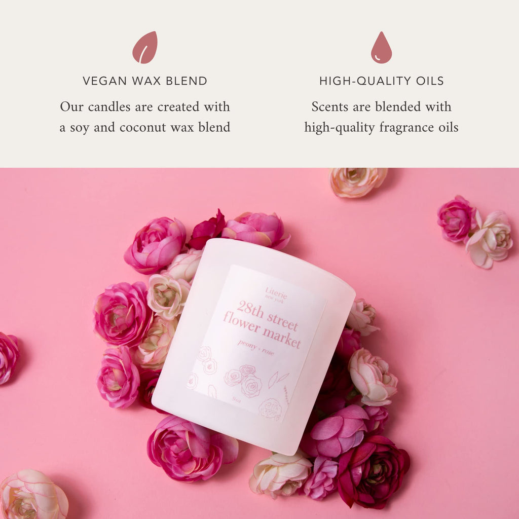 Literie NYC Inspired Scented Candle – 28th Street Flower Market, Peony & Rose, 9oz
