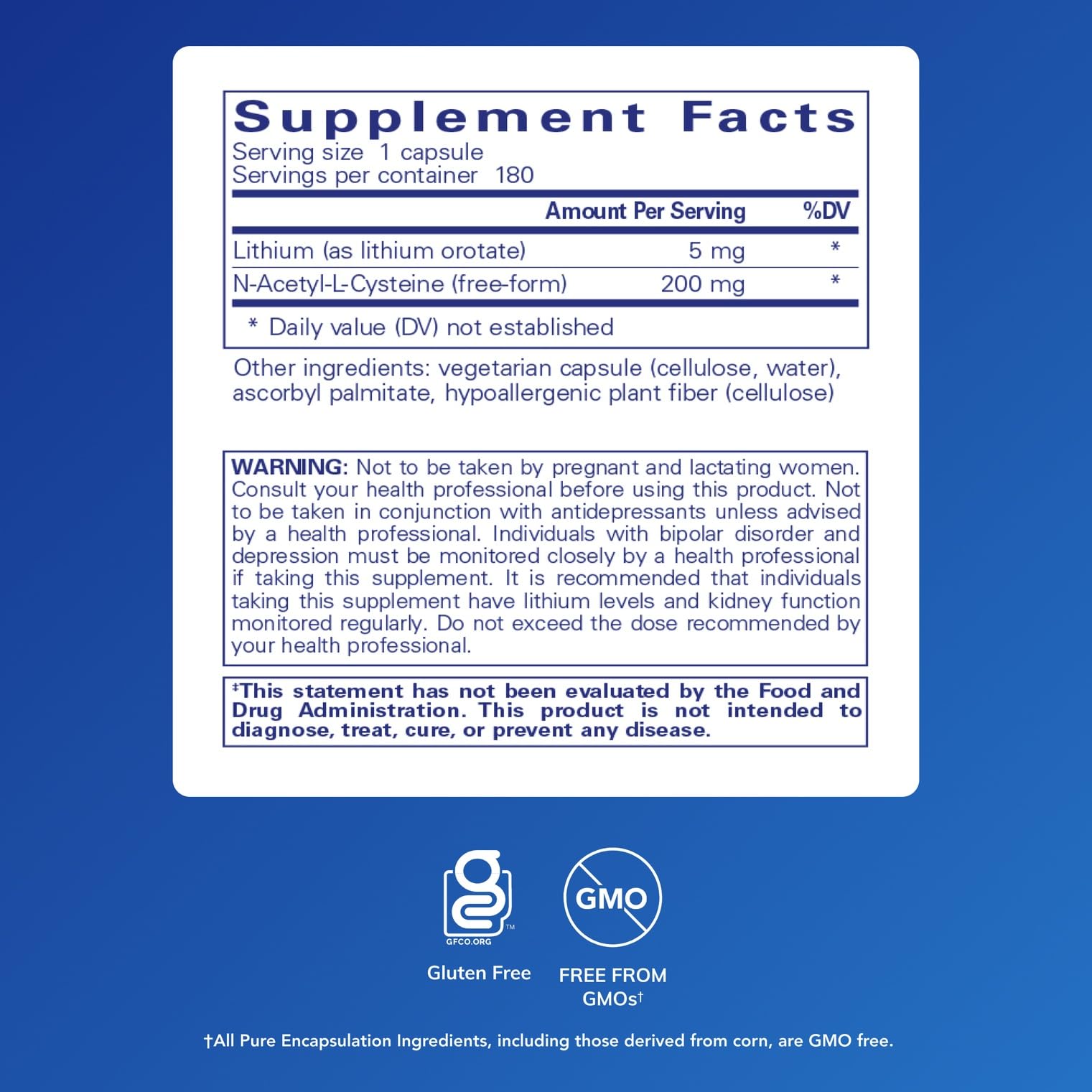 Pure Encapsulations Lithium Orotate 5 mg – Brain Support with NAC (180 caps)