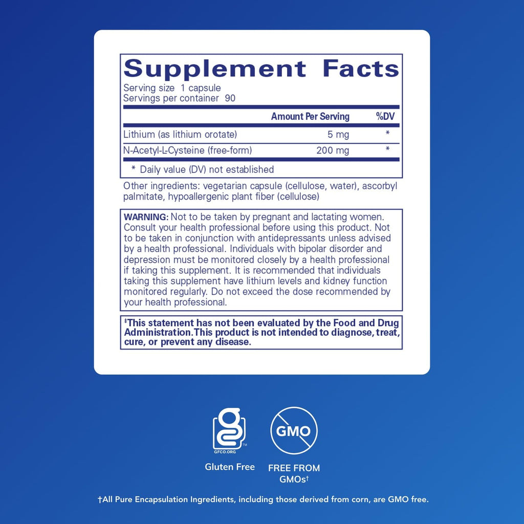 Pure Encapsulations Lithium Orotate 5 mg – Brain Support Supplement with NAC (90 capsules) – Gluten Free & Non-GMO