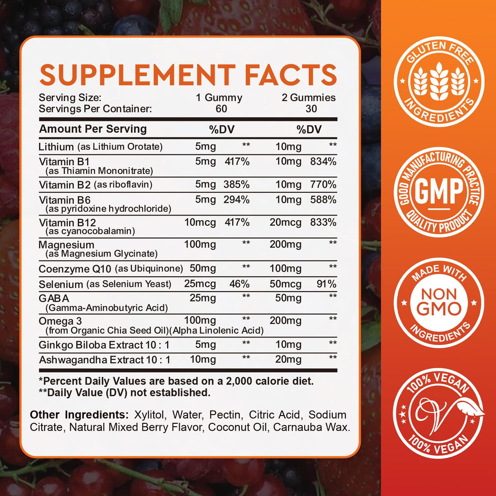 Lithium Orotate Gummies 5mg with Vitamin B, Magnesium & Selenium – Mood Support & Brain Health (60 Gummies) | Vegan, Non-GMO, Gluten-Free