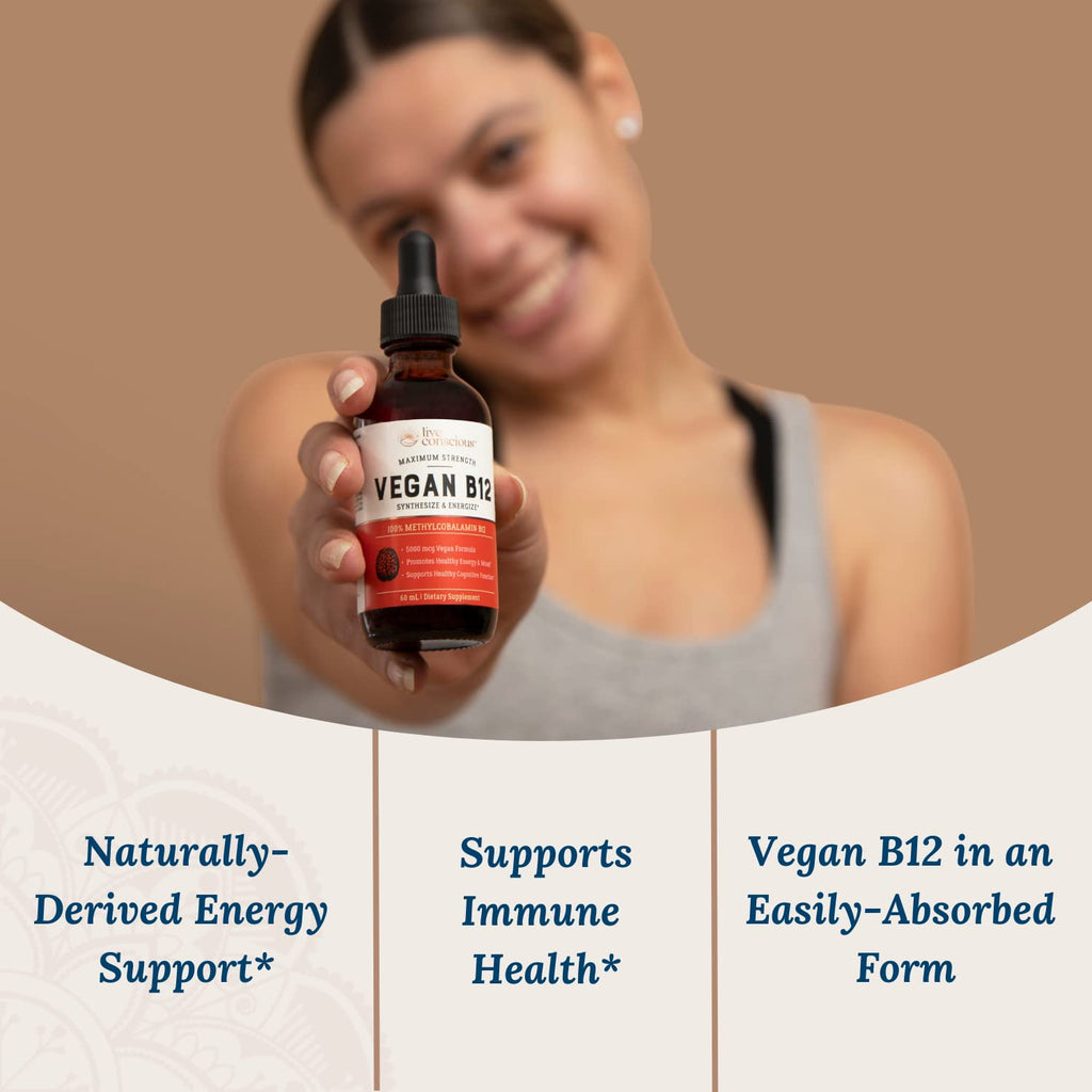 Live Conscious Vegan B12 Sublingual Drops 5000 mcg Methylcobalamin 2 Pack