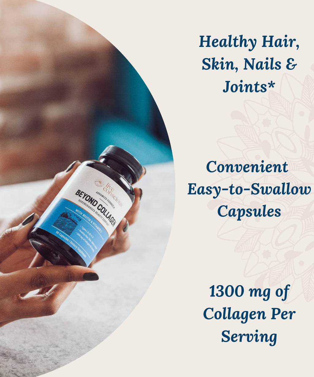 Live Conscious Beyond Collagen Multi Collagen Capsules – Types I, II, III, V & X with Biotin & Vitamin C | 2-Pack, 90 Capsules