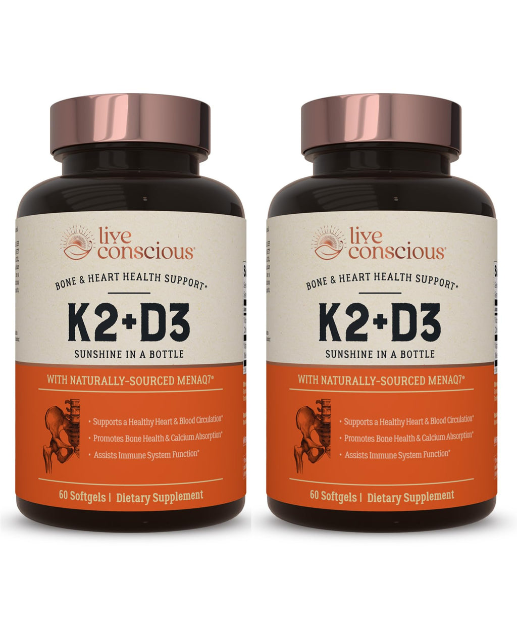 Live Conscious Vitamin K2 MK7 with D3 5000 IU – Bone & Heart Health Support (2-Pack)