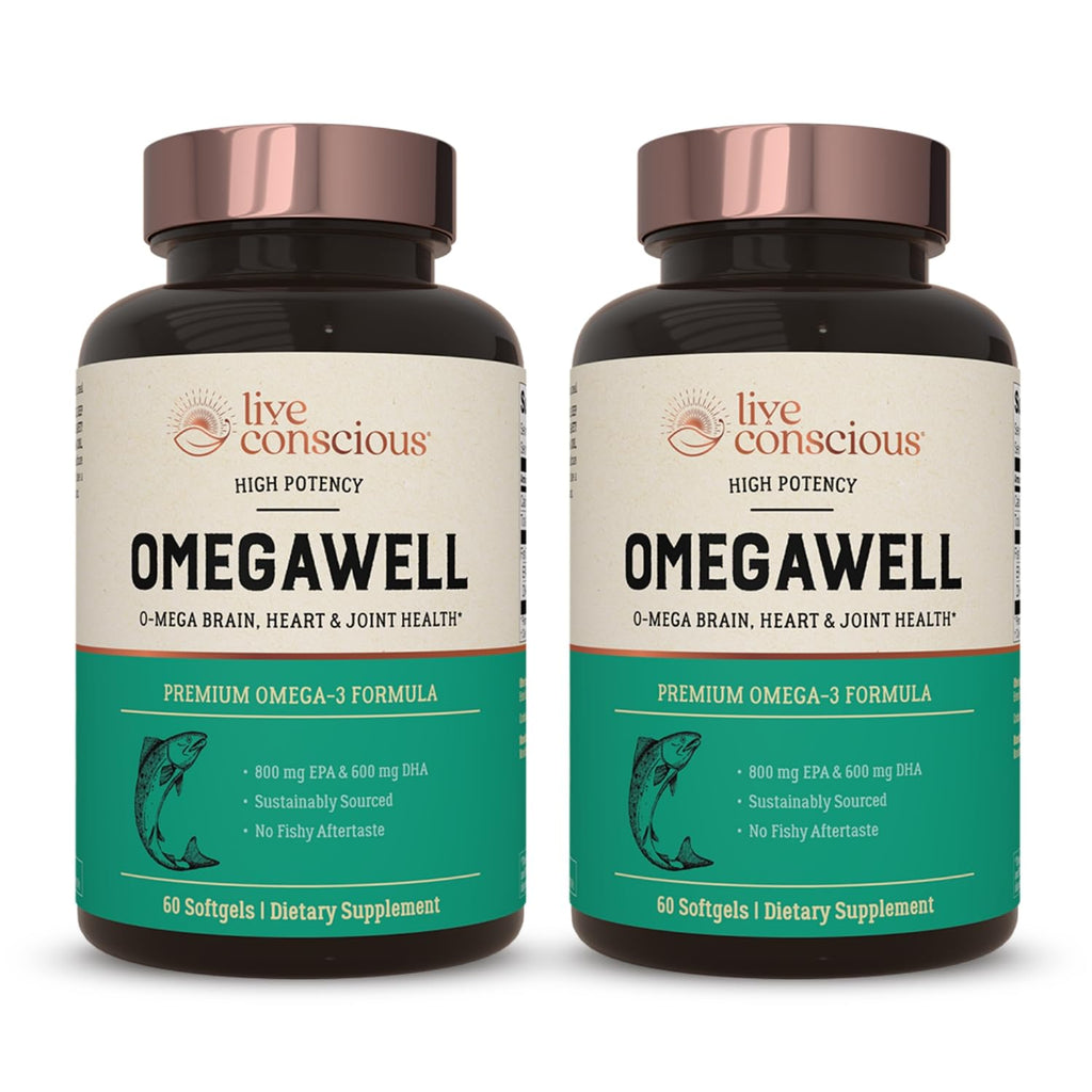 Live Conscious OmegaWell Fish Oil | 800 mg EPA / 600 mg DHA | Enteric-Coated, Burpless, Sustainably Sourced | 120-Count (2-Pack)