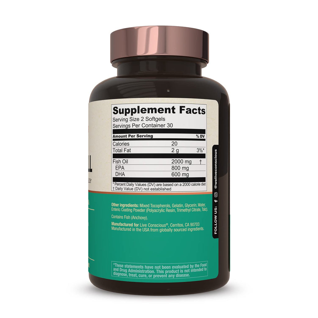 Live Conscious OmegaWell Fish Oil | 800 mg EPA / 600 mg DHA | Enteric-Coated, Burpless, Sustainably Sourced | 120-Count (2-Pack)