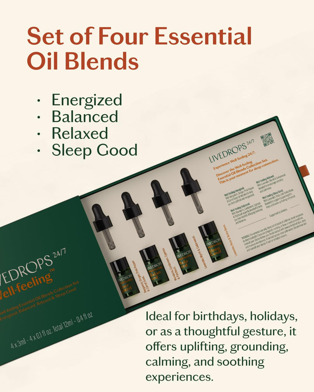 LIVEDROPS 24/7 Essential Oil Gift Set – 4 Mini Blends for Energy, Sleep & Relax