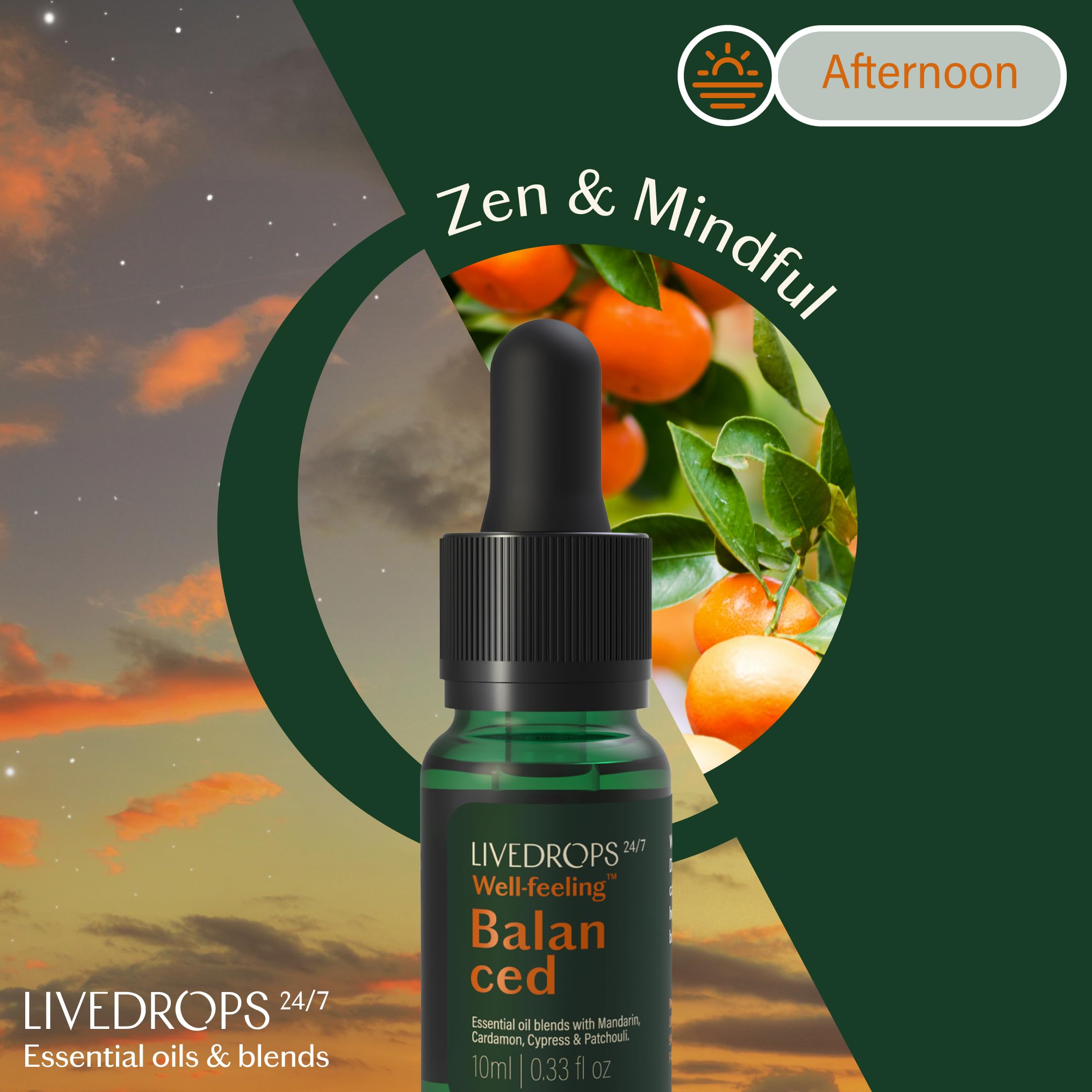 LIVEDROPS Balanced Essential Oil Blend Mandarin, Cardamom, Cypress & Patchouli | Calm, Harmony & Grounding | 10ml