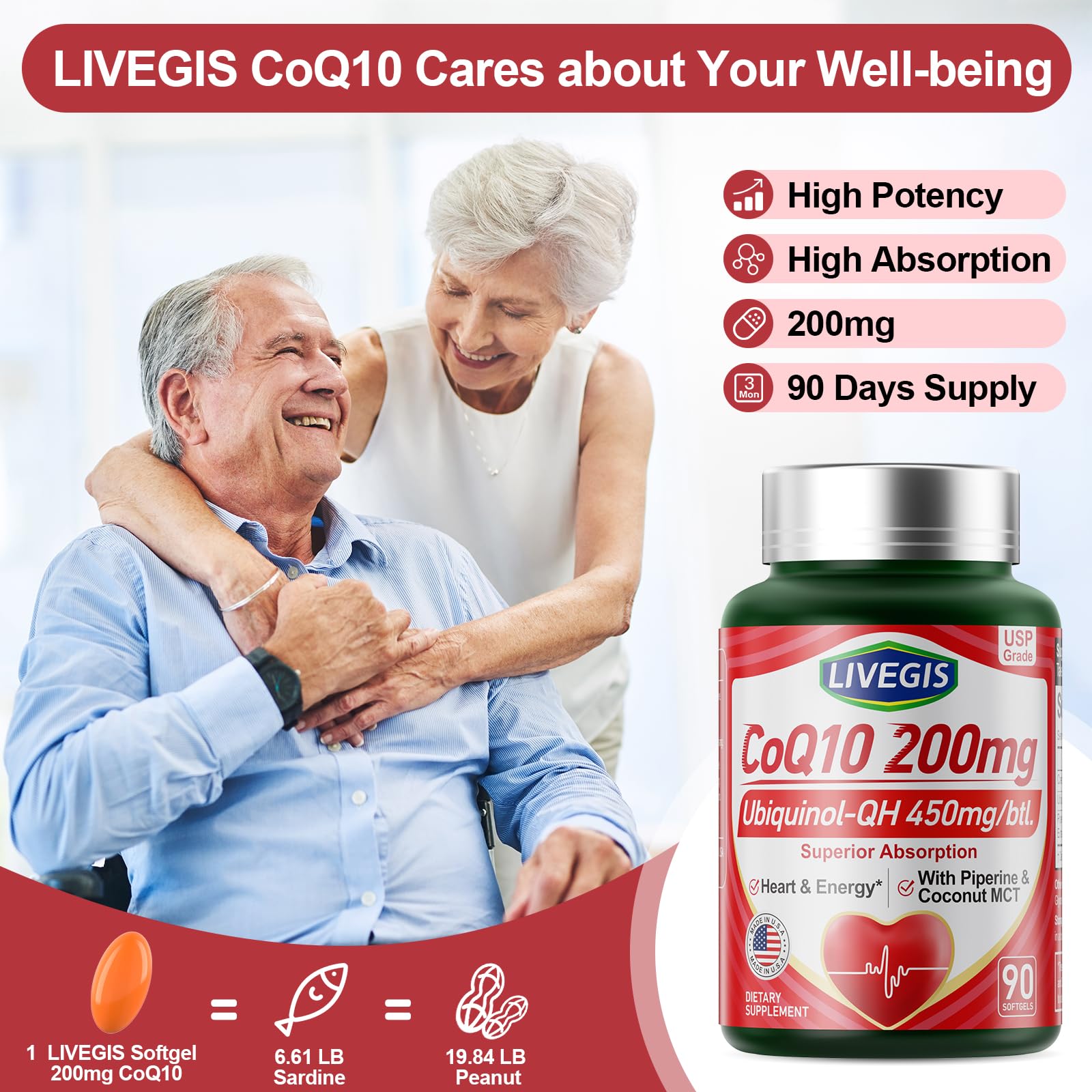 LIVEGIS CoQ10 200mg Softgels – Ubiquinone + MCT Oil, 2x90ct