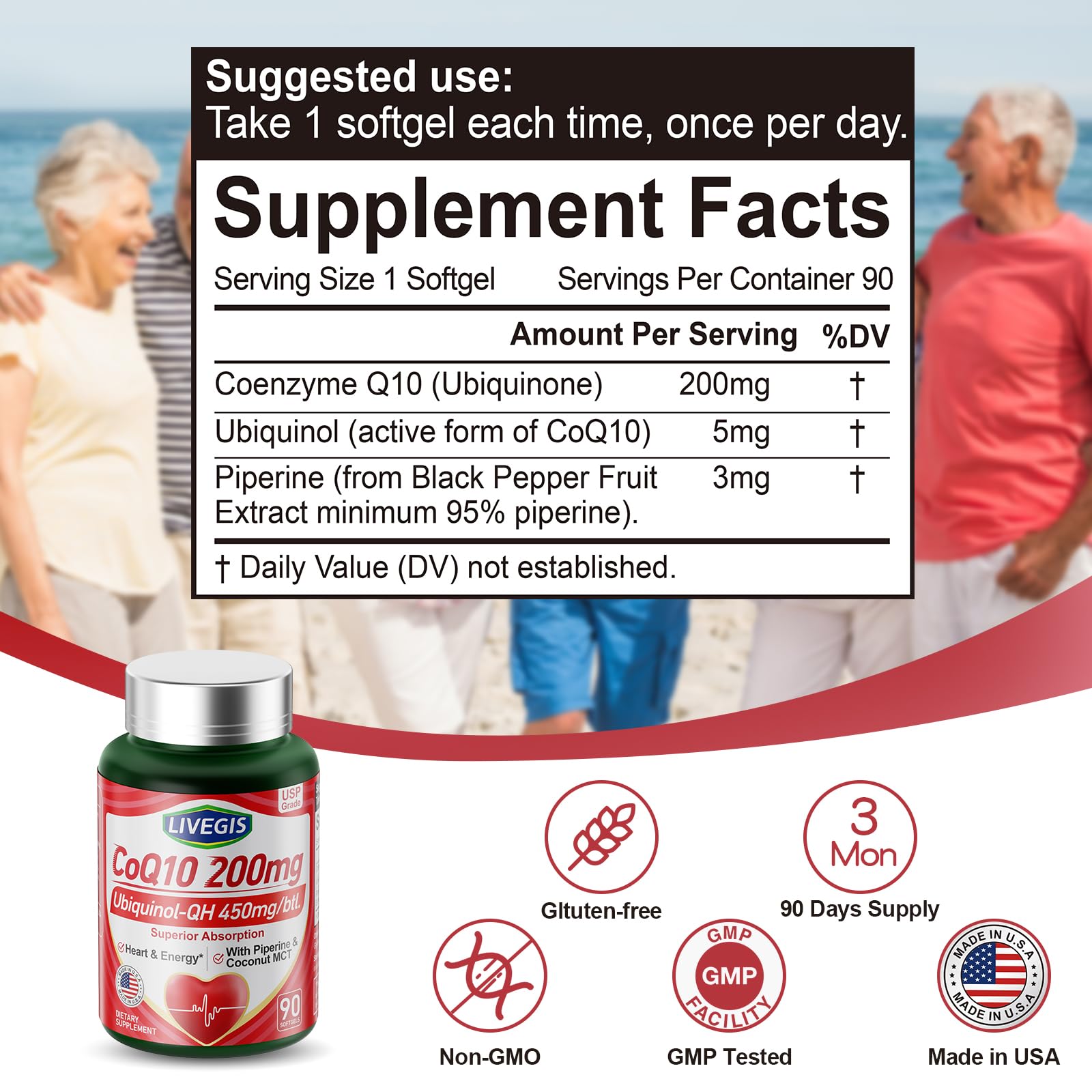 LIVEGIS CoQ10 200mg Softgels (90 Count) - Ubiquinone with MCT Oil for Heart Health & Energy