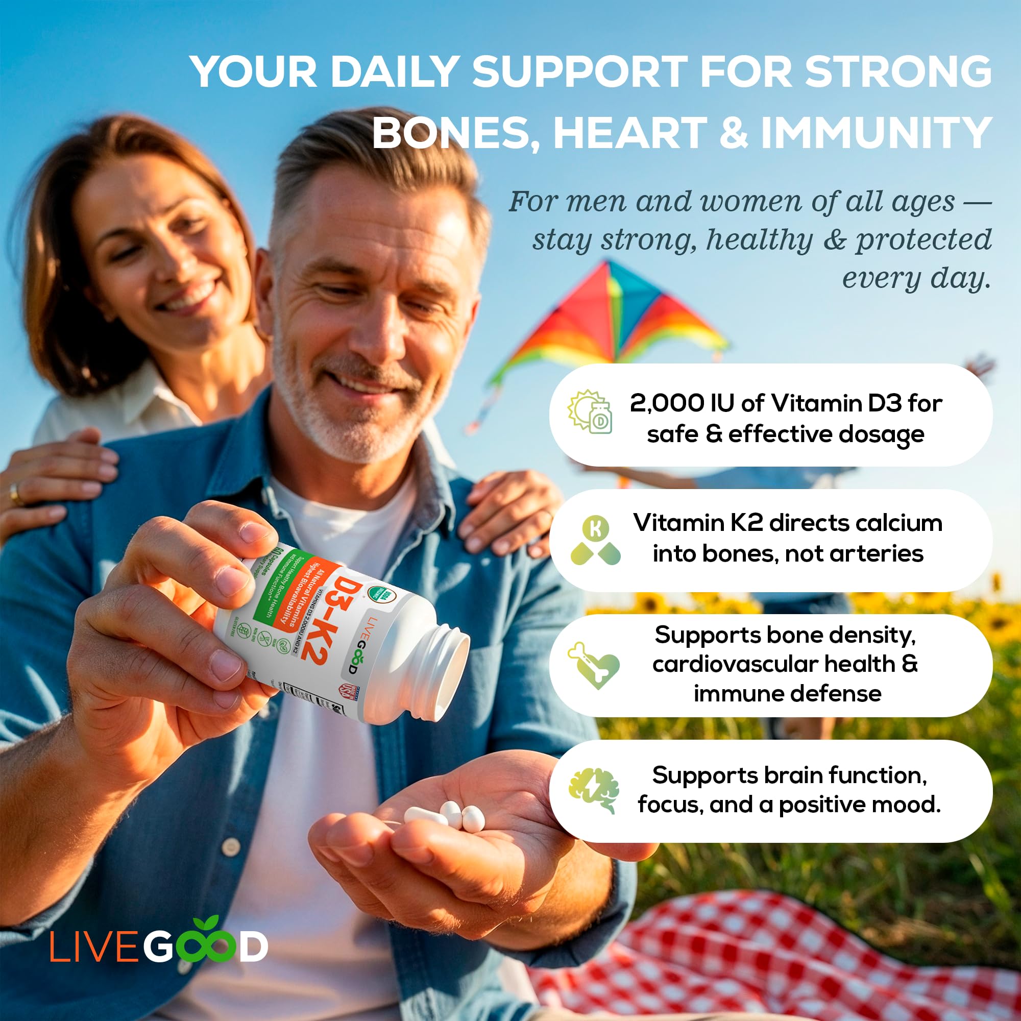 LIVEGOOD Vitamin D3 + K2 – All Natural Bone, Muscle & Immune Support (60 Capsules) - Vegan & Non-GMO