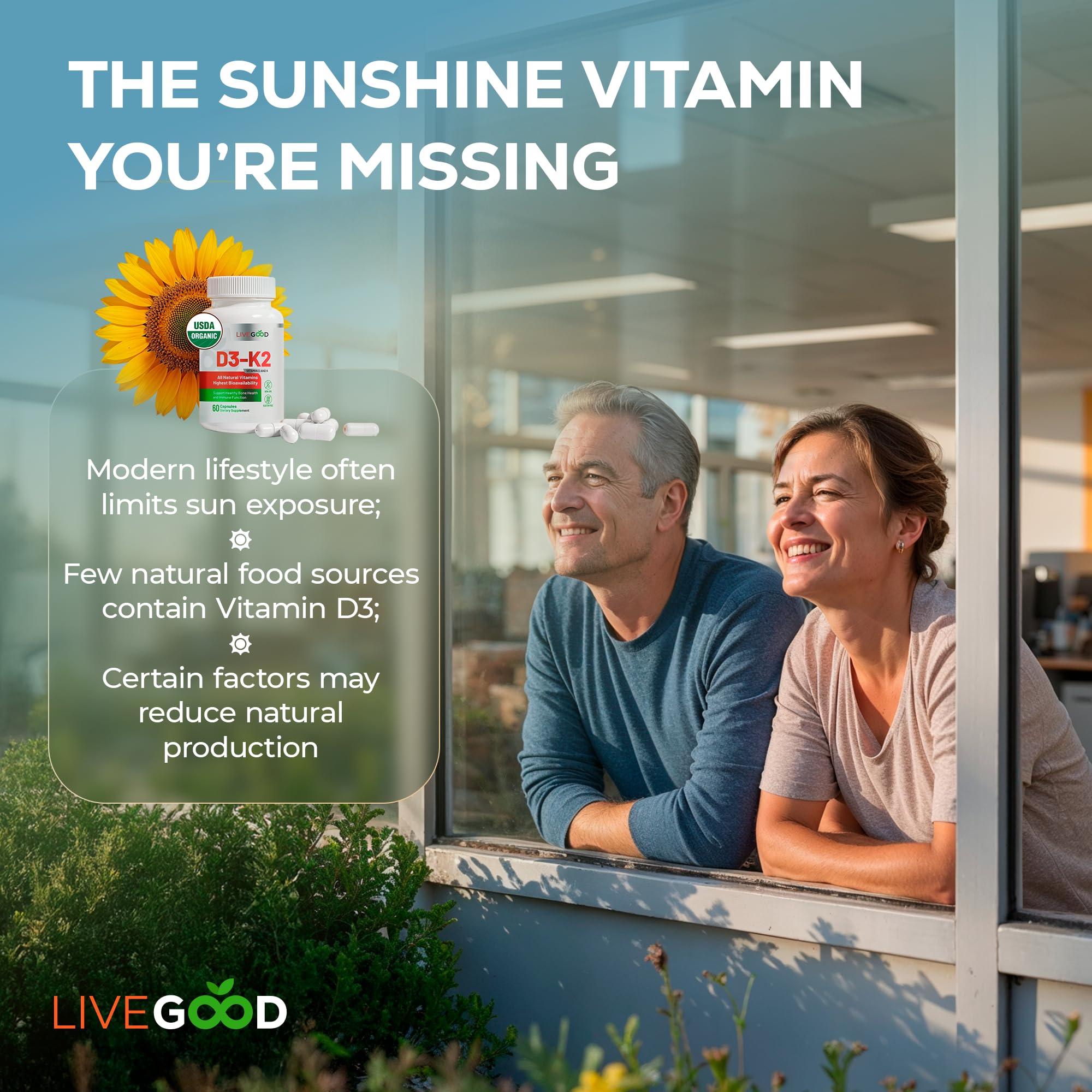 LIVEGOOD Vitamin D3 + K2 – All Natural Bone, Muscle & Immune Support (60 Capsules) - Vegan & Non-GMO