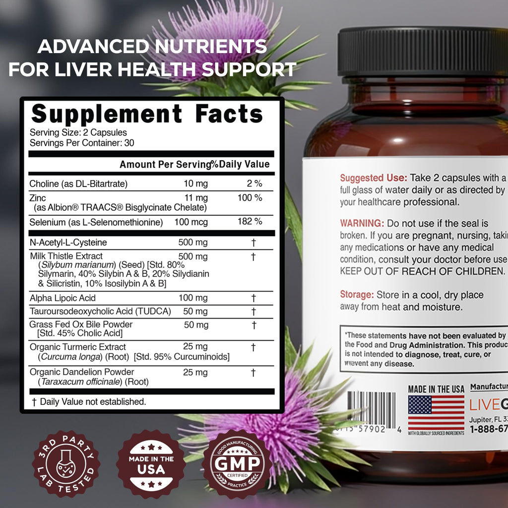 LiveGood Liver Support - Detox with Milk Thistle, Dandelion Root, Turmeric, NAC & TUDCA | 60 Count