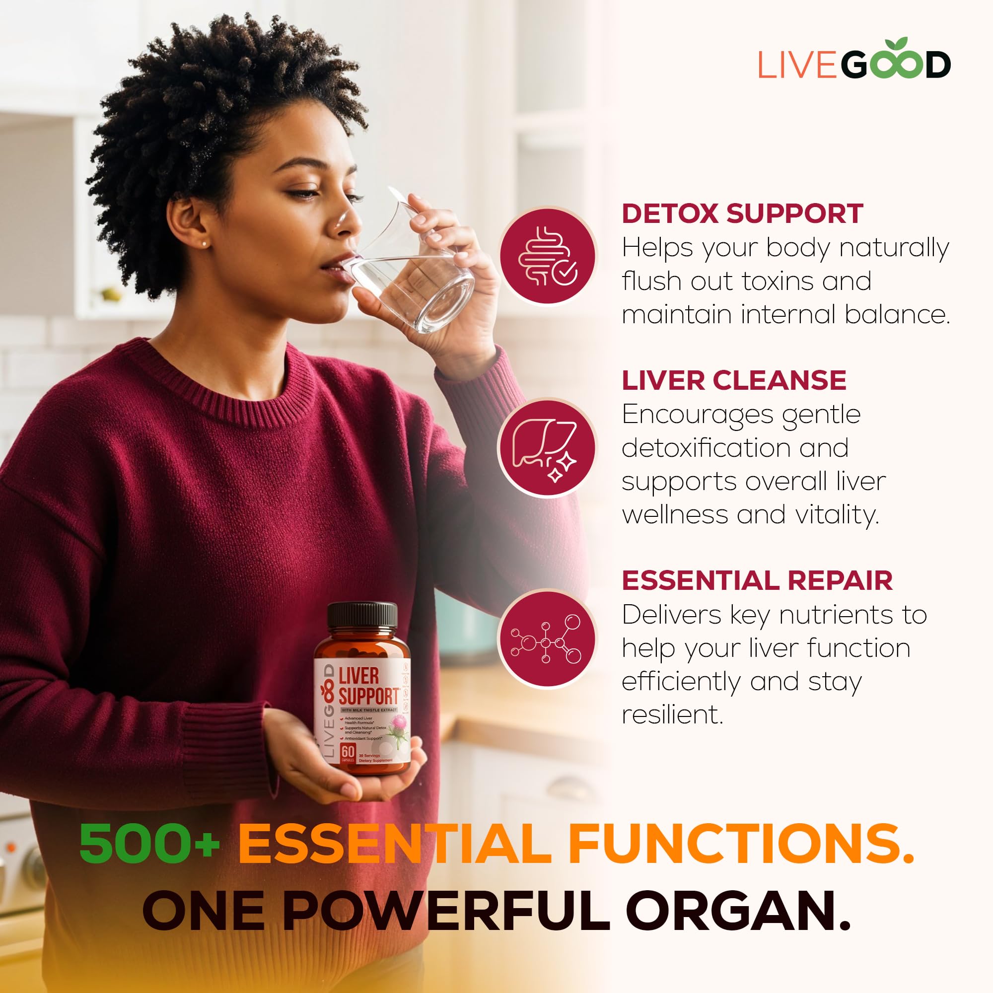 LiveGood Liver Support - Detox with Milk Thistle, Dandelion Root, Turmeric, NAC & TUDCA | 60 Count