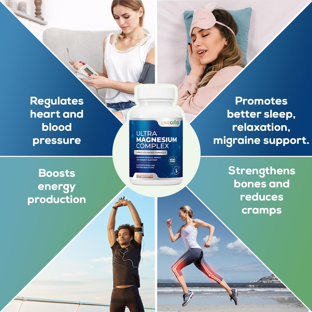 LiveGood Ultra Magnesium Complex – Organic Glycinate & Gluconate | Muscle Recovery & Nerve Support | 60 Capsules