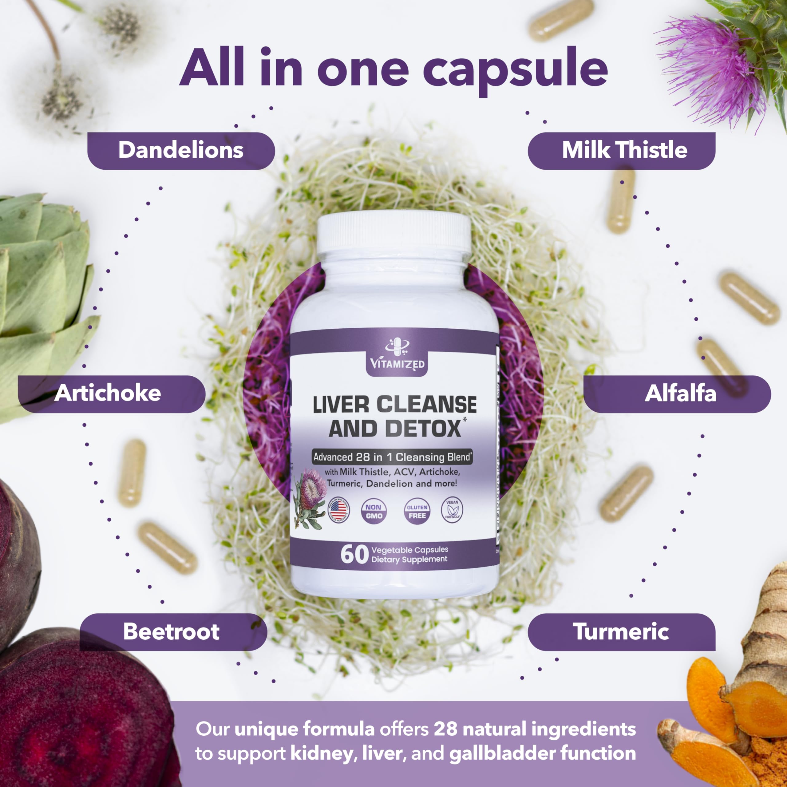 Liver Cleanse Detox & Repair – 28-in-1 Fatty Liver Supplement (Milk Thistle, Artichoke, Dandelion) | 60 Pills