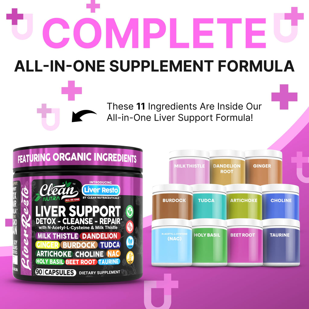 Clean Nutraceuticals Liver Cleanse Detox & Repair | Milk Thistle Supplement + NAC, TUDCA, Dandelion Root, Artichoke, Choline, Ginger, Beet Root, Burdock, Taurine, Liver Support 90 Capsules