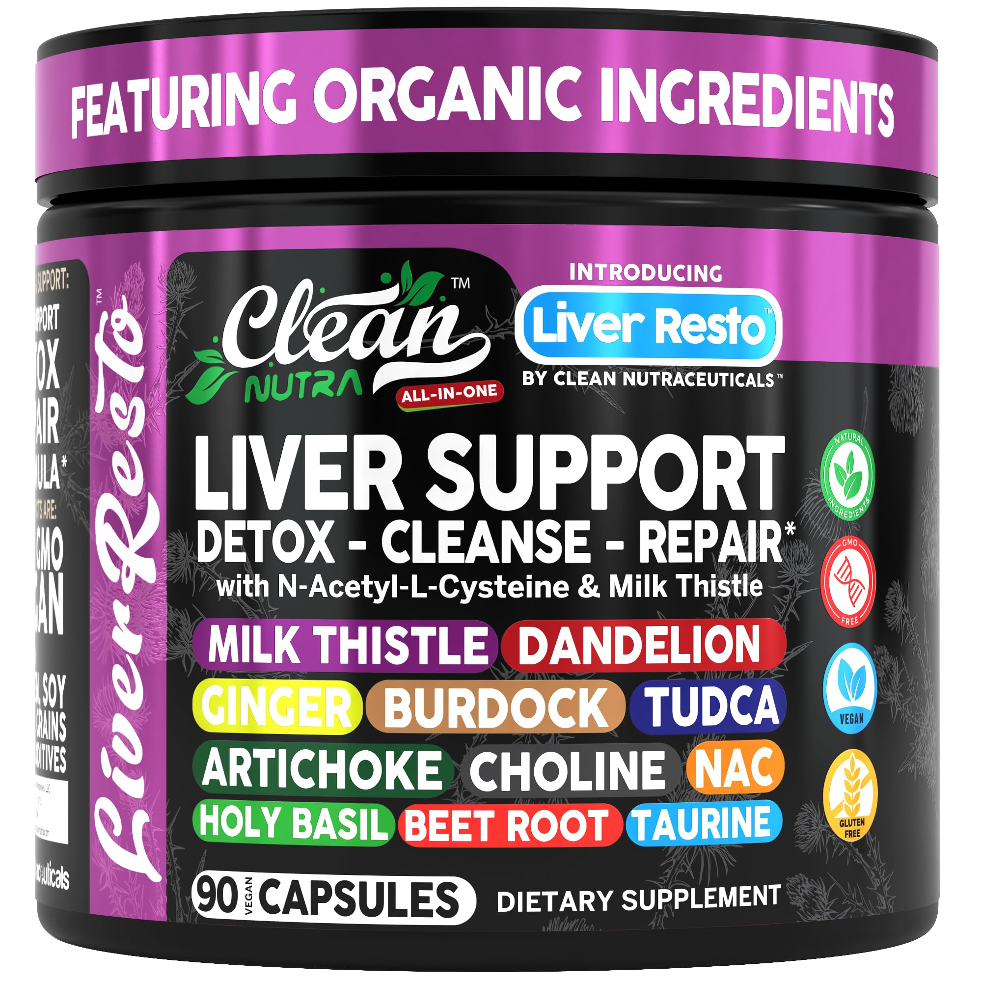 Clean Nutraceuticals Liver Cleanse Detox & Repair | Milk Thistle Supplement + NAC, TUDCA, Dandelion Root, Artichoke, Choline, Ginger, Beet Root, Burdock, Taurine, Liver Support 90 Capsules