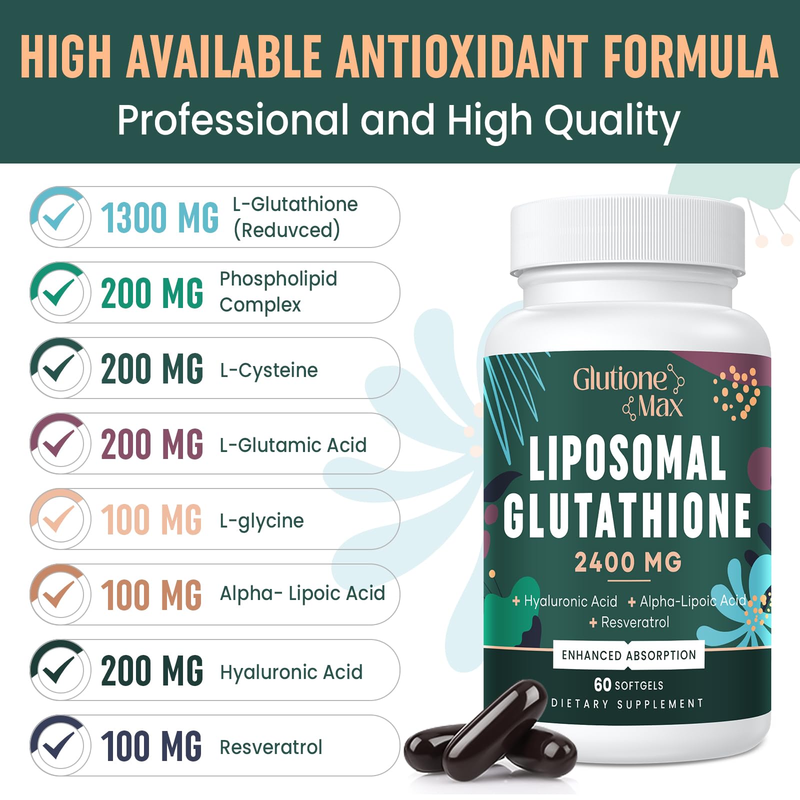 8-in-1 Liposomal Glutathione 2400 mg – High Absorption Antioxidant Formula (Skin, Liver Detox & Immune Support) | 60 Softgels