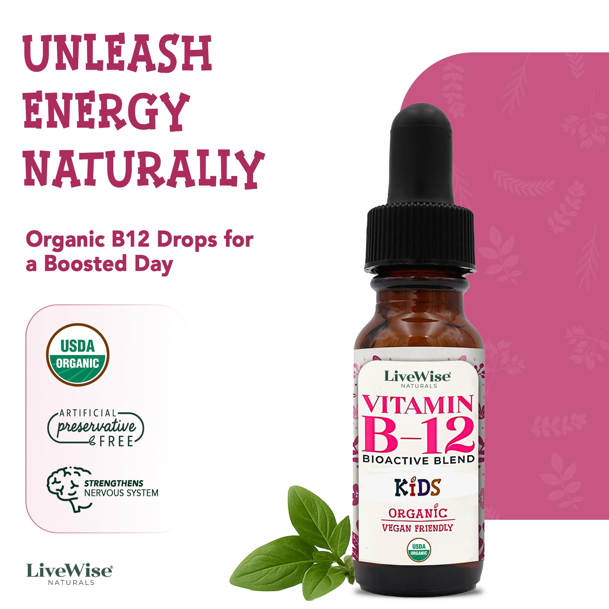 LiveWise Naturals Organic B12 Vitamin Drops – Liquid Methylcobalamin & Adenosylcobalamin for Energy