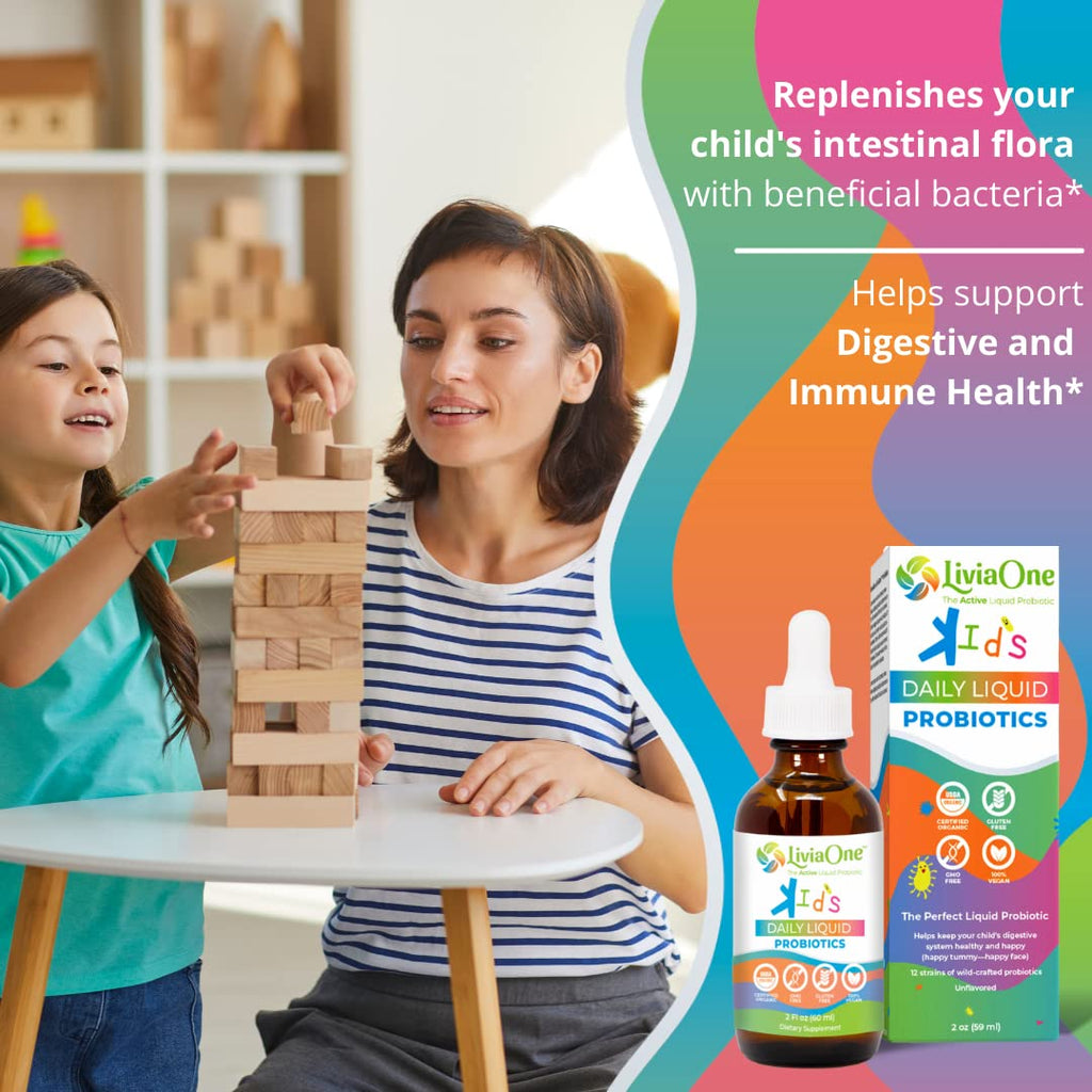 LiviaOne Daily Liquid Probiotics for Kids - Digestive Health & Immune Support, USDA-Certified Organic, Vegan, Non-GMO, 2 Fl Oz