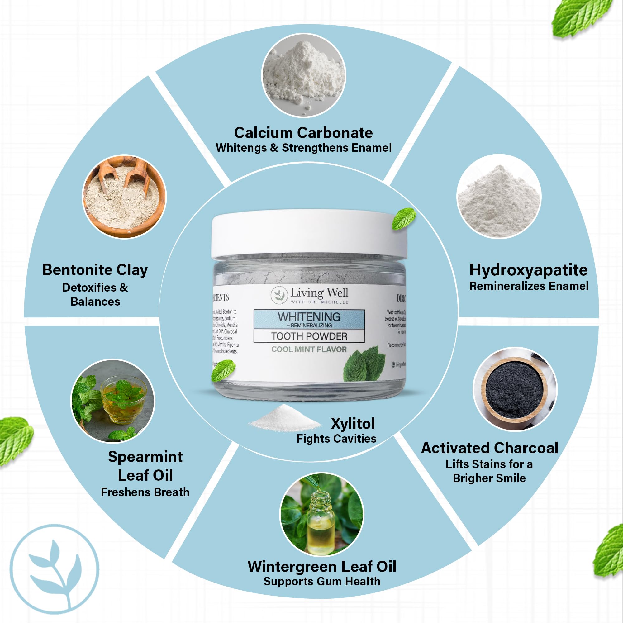 Living Well with Dr. Michelle: Remineralizing & Whitening Tooth Powder – Cool Mint, Fluoride-Free Hydroxyapatite