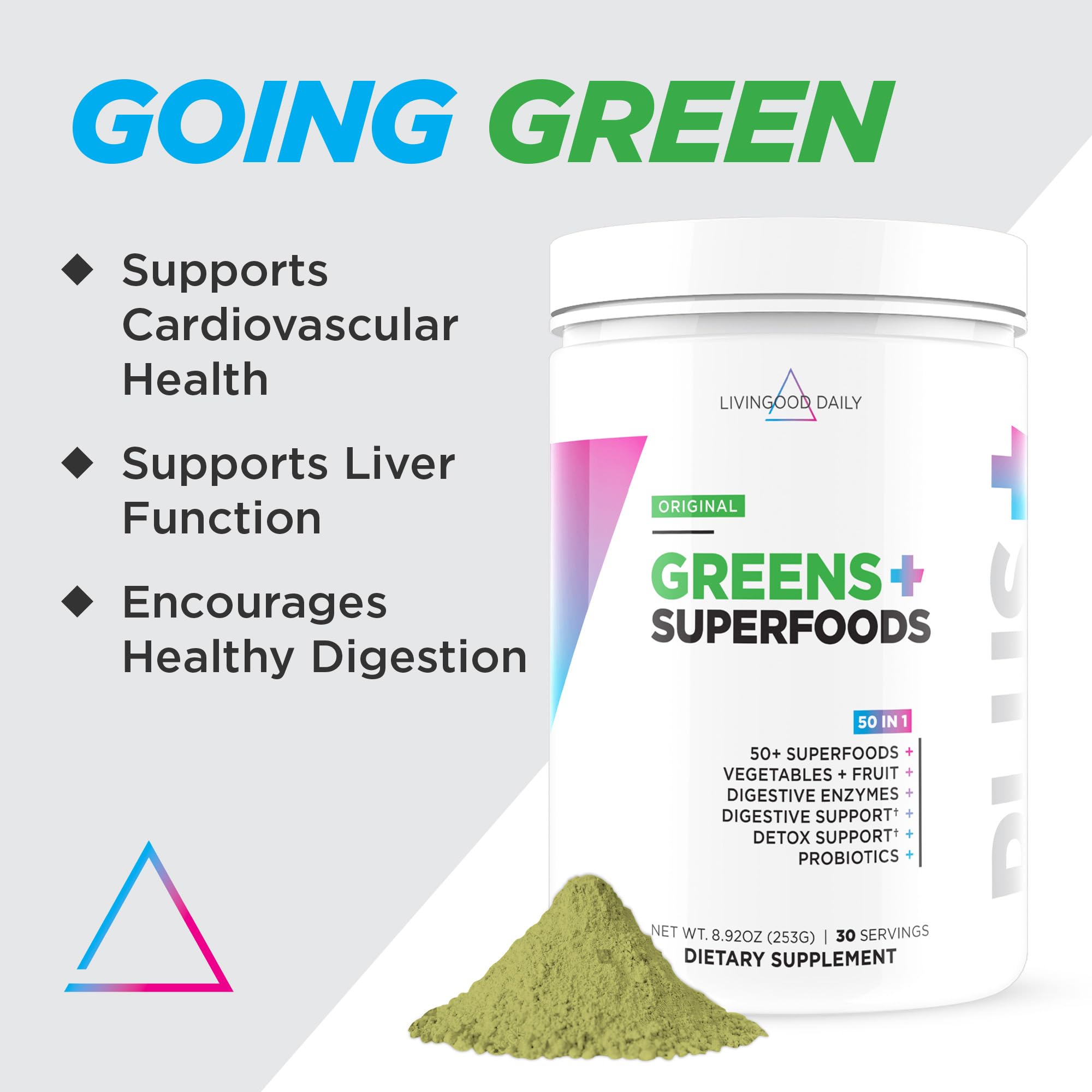 Livingood Daily Greens & Superfood Powder – Original Flavor, 30 Servings, Spirulina, Chlorella & Probiotics