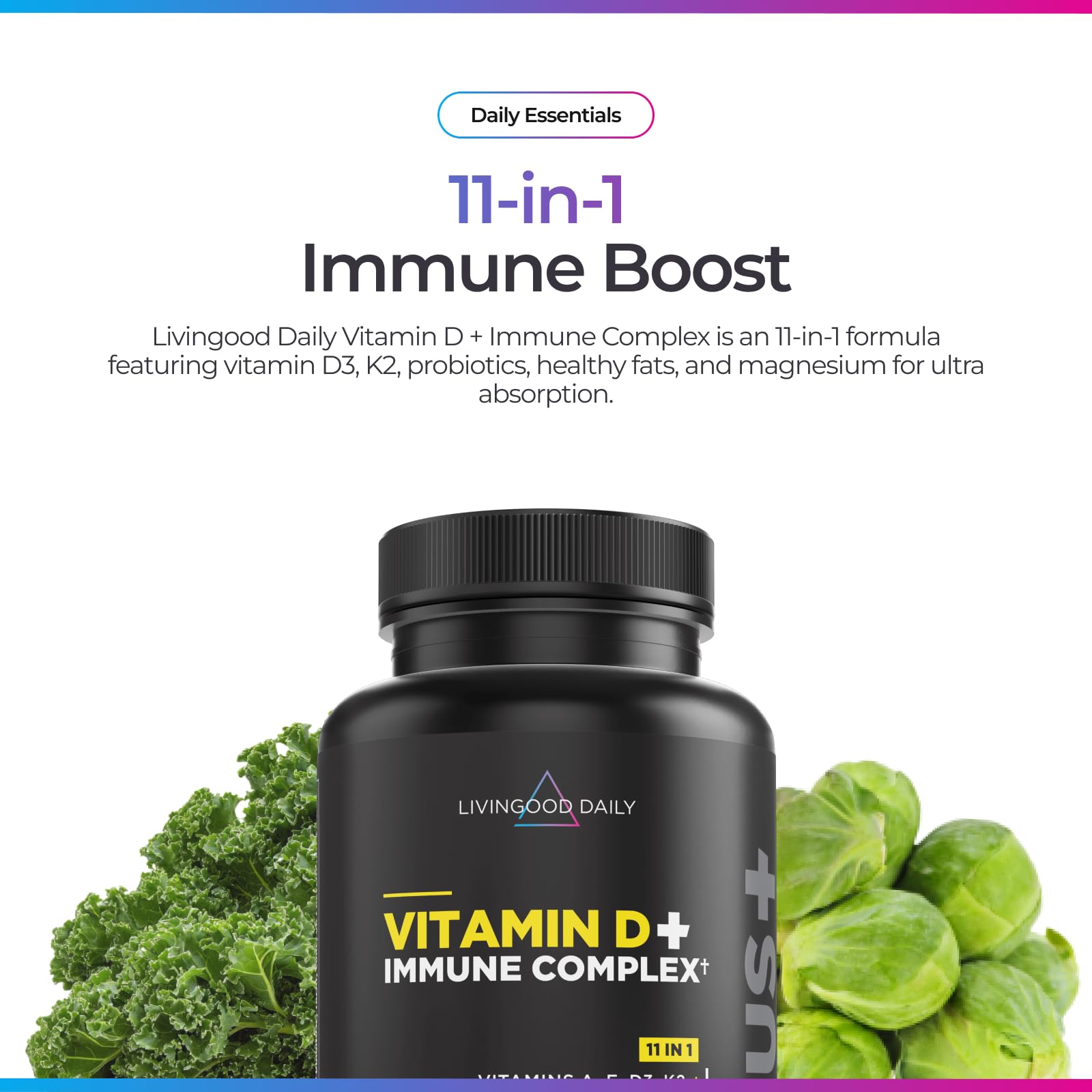 Livingood Daily Vitamin D3 K2 4000 IU – 9-in-1 Immune Support (60 Capsules)