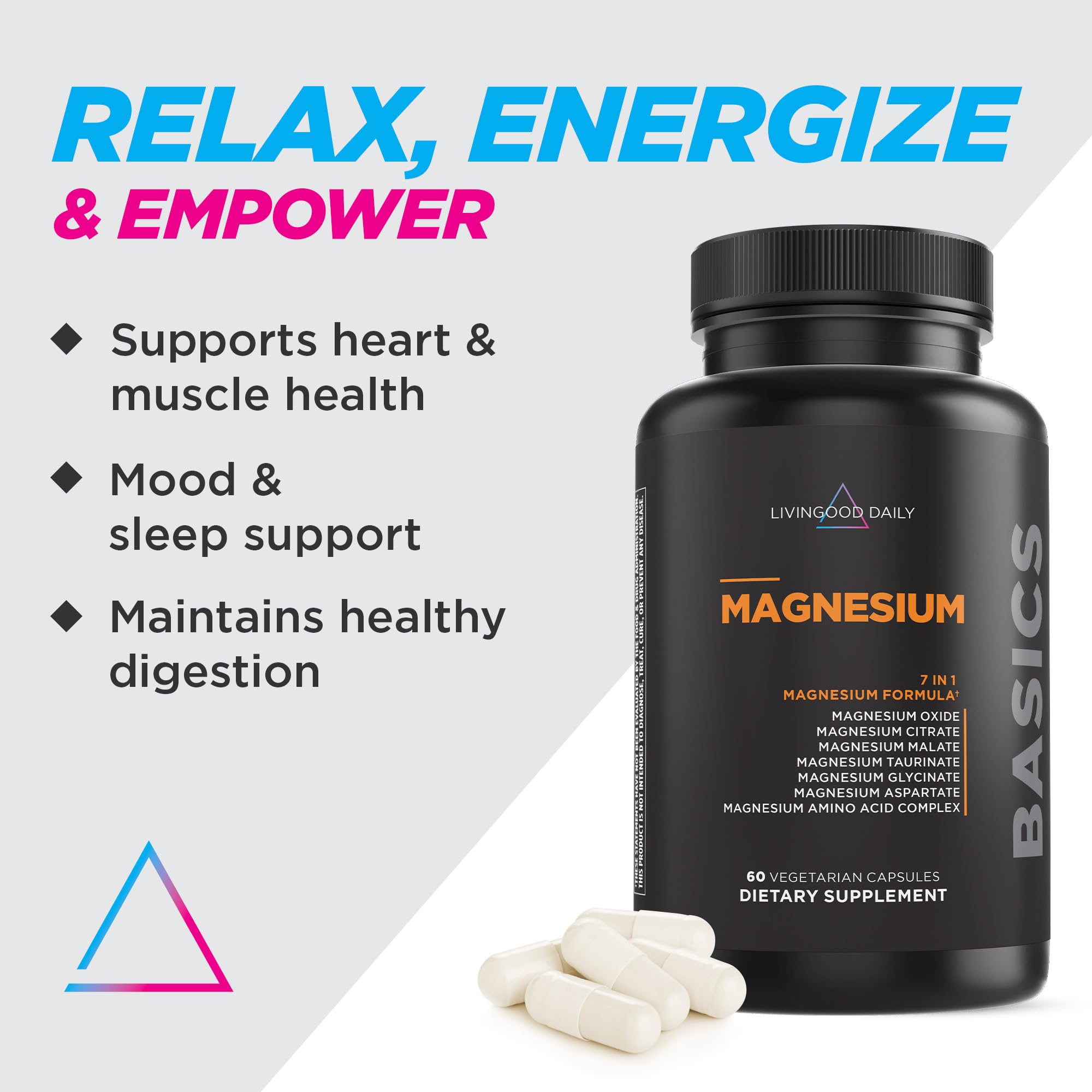 Livingood Daily Magnesium Supplement – 7-Form Glycinate-Citrate-Malate, 300mg, 60 Capsules