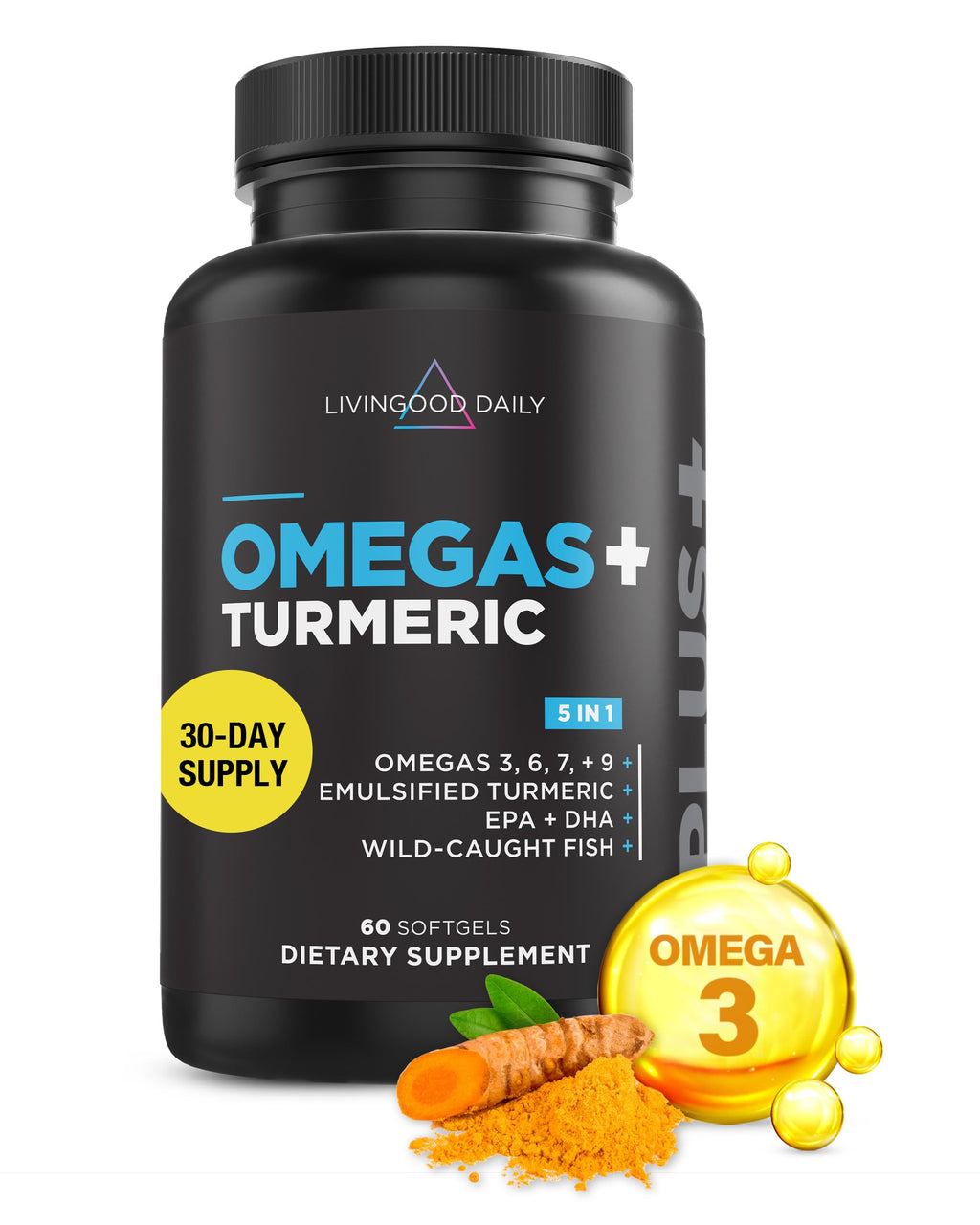 Livingood Daily Omega 3-6-9 Plus Turmeric Curcumin — EPA & DHA, 60 Softgels