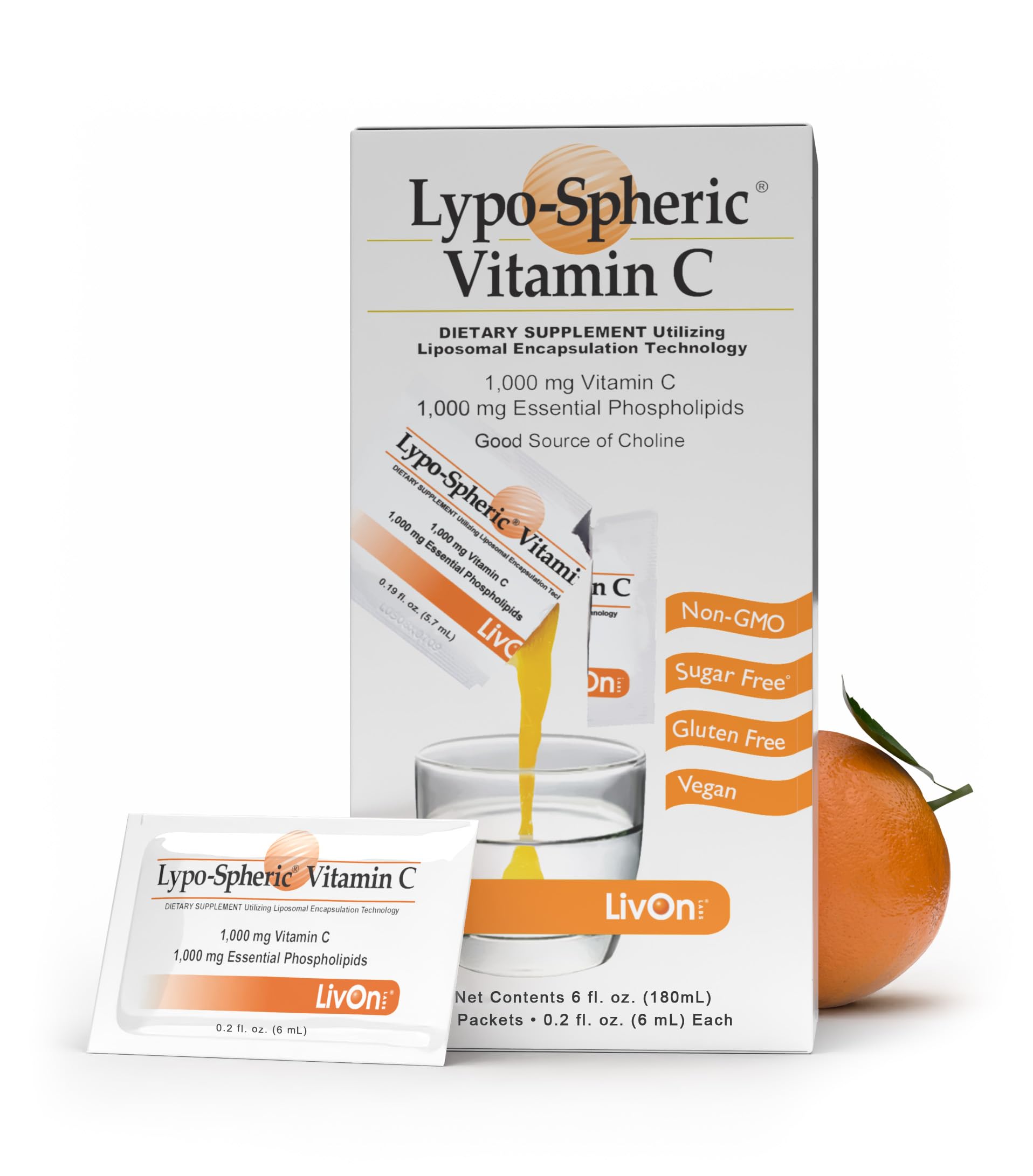 LivOn Laboratories Lypo-Spheric Vitamin C 1000 mg + 1000 mg Phospholipids per Packet | Liposome-Encapsulated, Non-GMO, 30 Packets