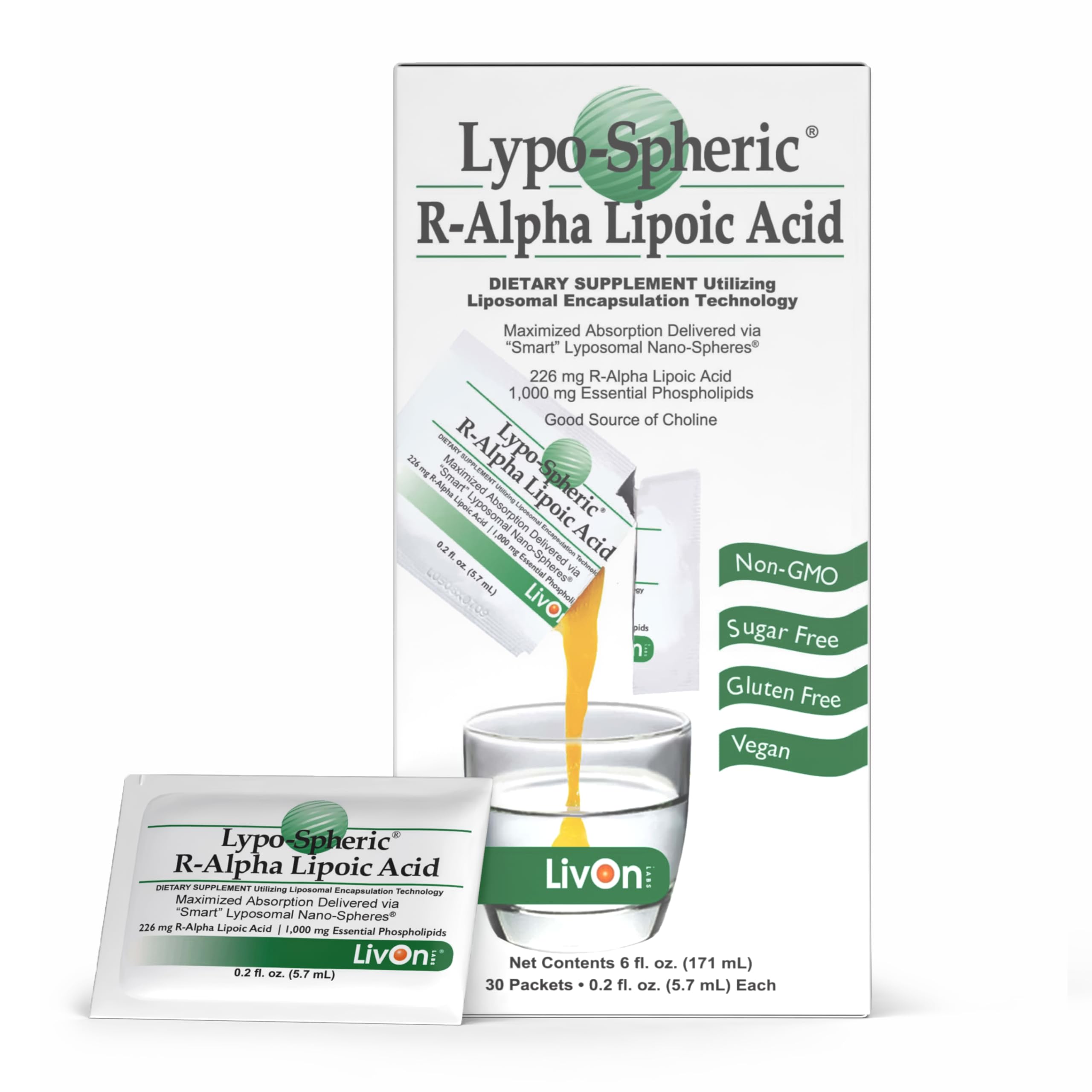 LivOn Lypo-Spheric R-Alpha Lipoic Acid – 30 Packets | 226mg Each | Liposome-Encapsulated, Vegan, Non-GMO